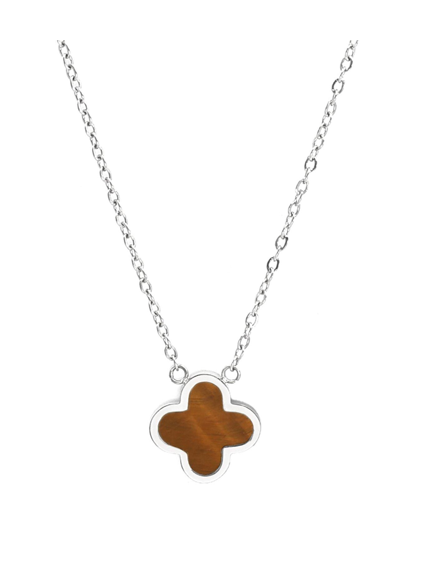 Say It With Crystal Clover Necklace Tiger Eye - Silver