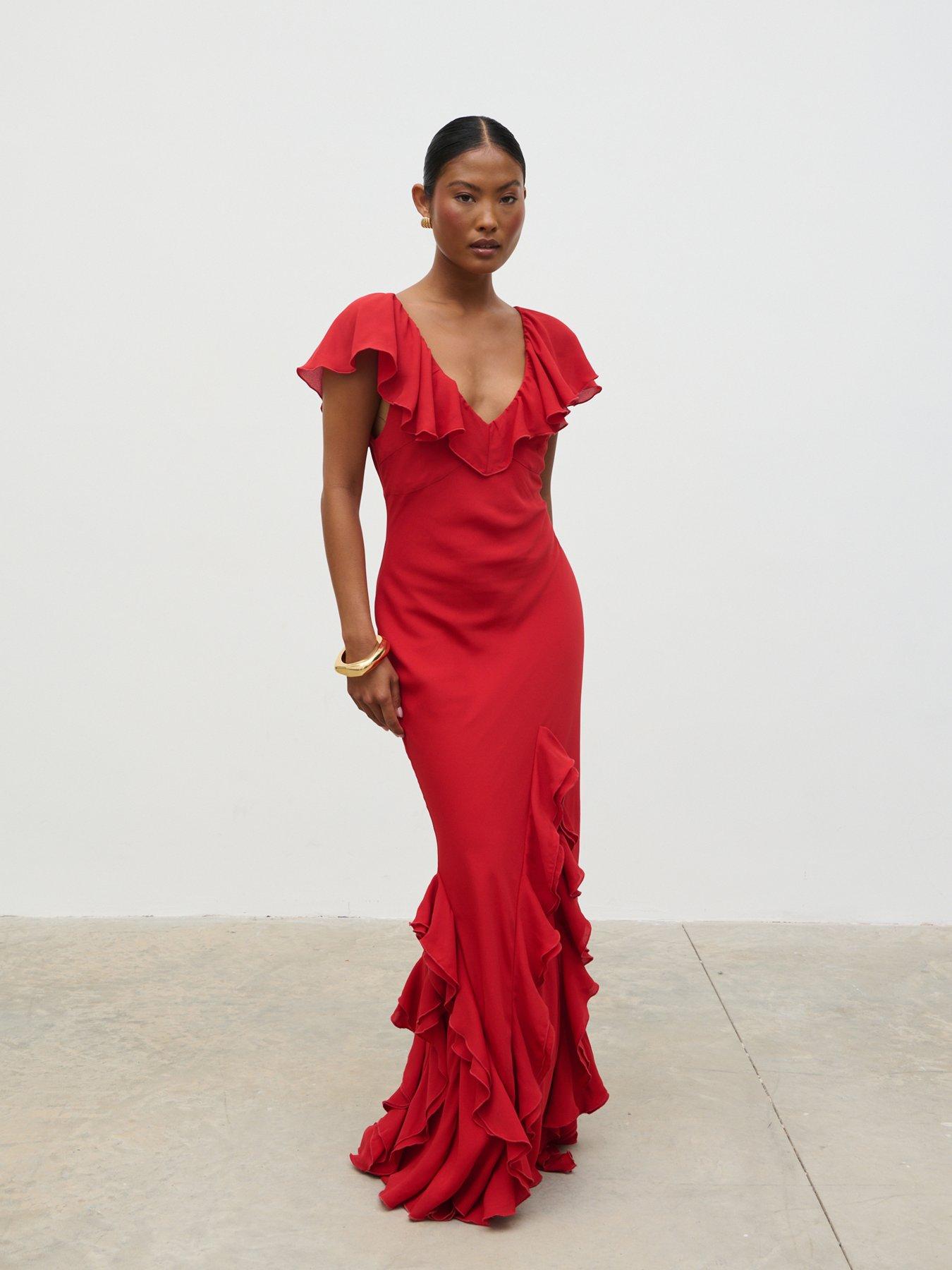 undefined Uma Cap Sleeve Ruffle Maxi Dress - Red