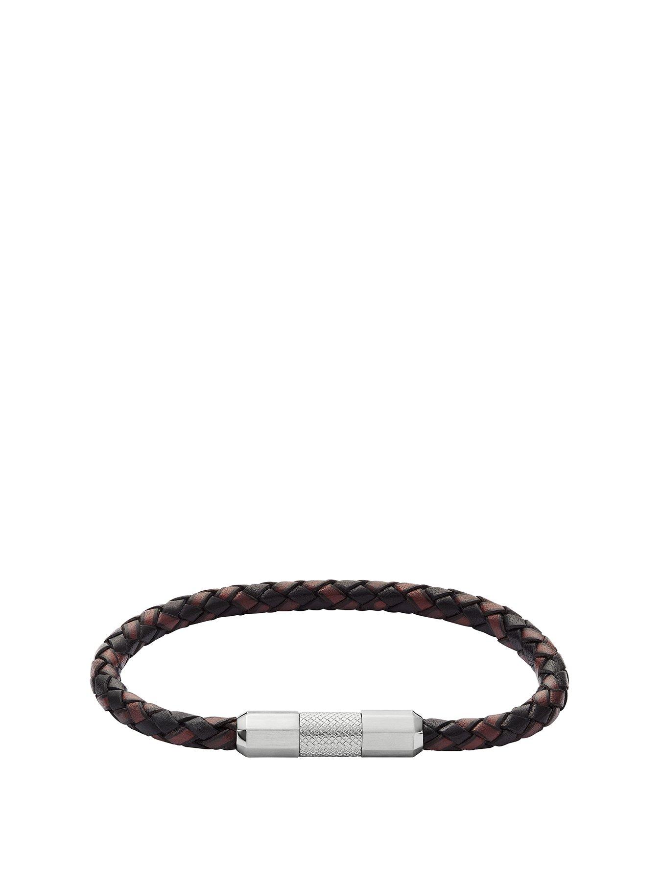 Fossil Men's Knox Knurled Texture Leather and Stainless Steel Station Bracelet, JF04918040