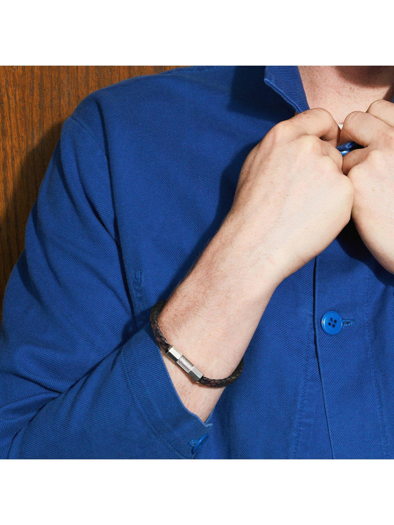 Image 2 of 4 of Fossil Men's Knox Knurled Texture Leather and Stainless Steel Station Bracelet, JF04918040