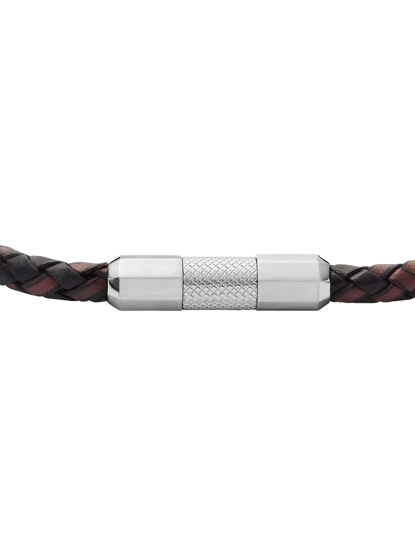 Image 3 of 4 of Fossil Men's Knox Knurled Texture Leather and Stainless Steel Station Bracelet, JF04918040
