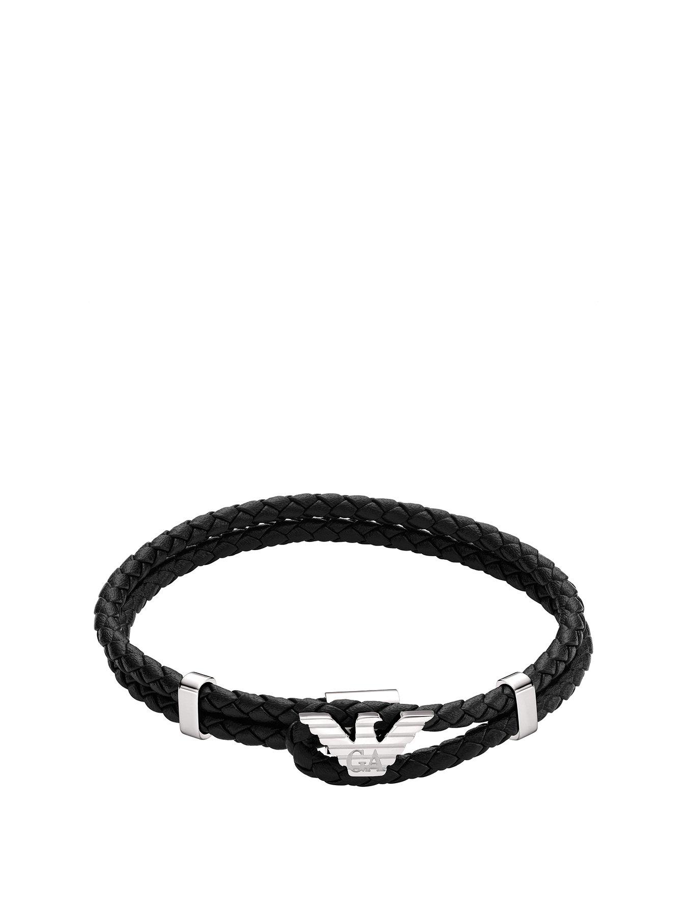 undefined Men's Black Leather Id Bracelet Egs3237040 - Silver