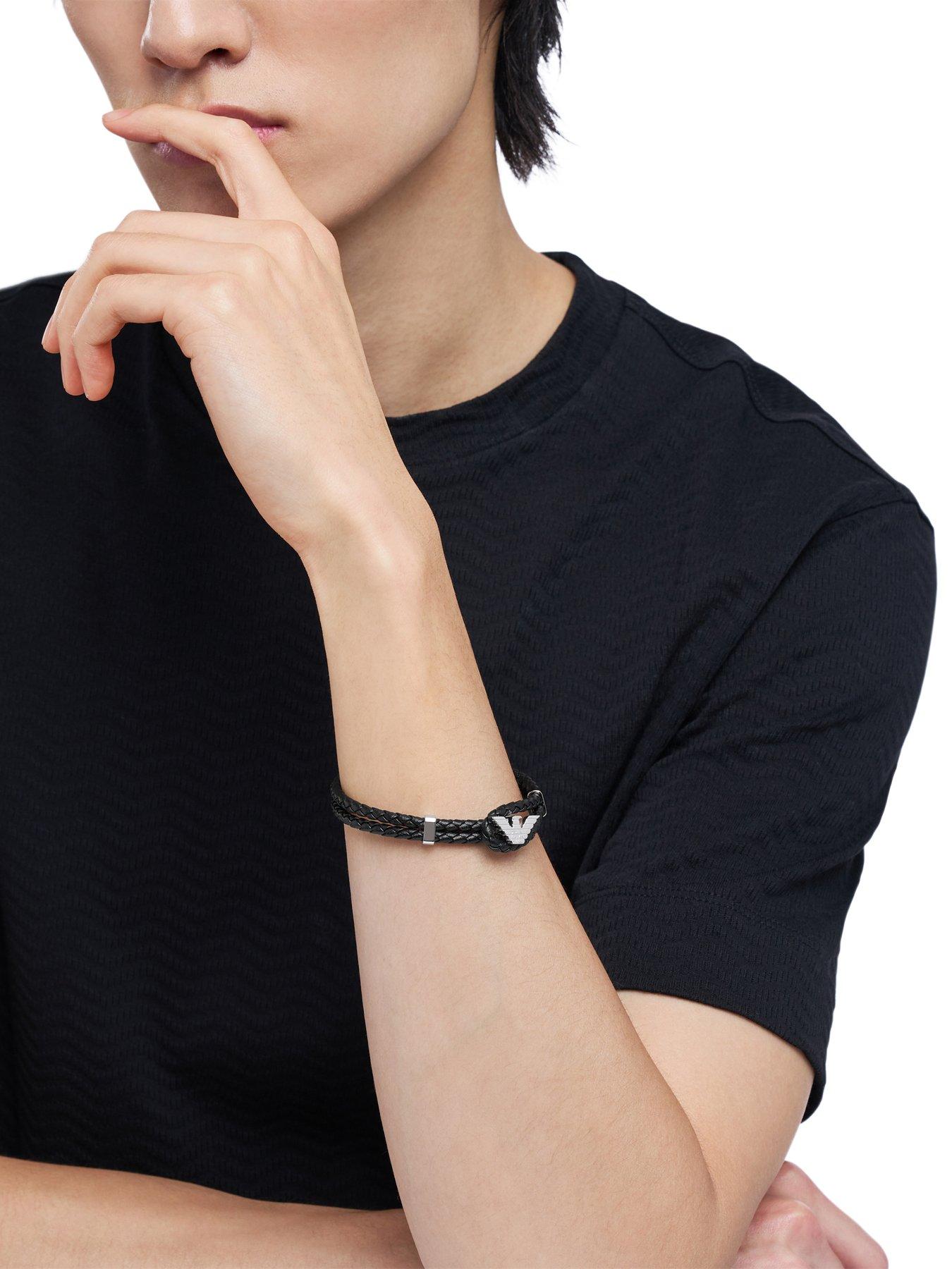  image of emporio-armani-mens-black-leather-id-bracelet-egs3237040-silver