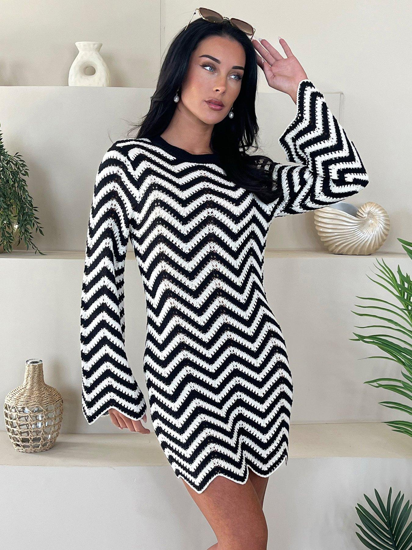  image of ax-paris-zig-zag-long-sleeve-crochet-mini-dress-multi