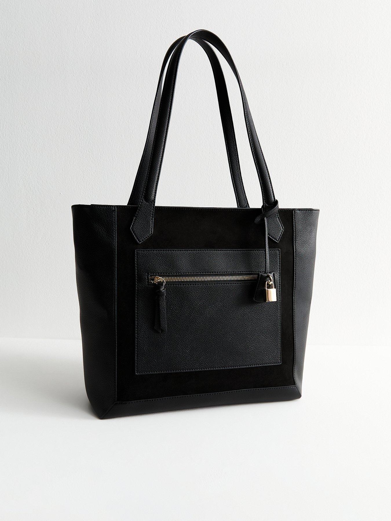 Image 3 of 5 of New Look Faux Leather And Suede Lock Charm Tote Bag - Black