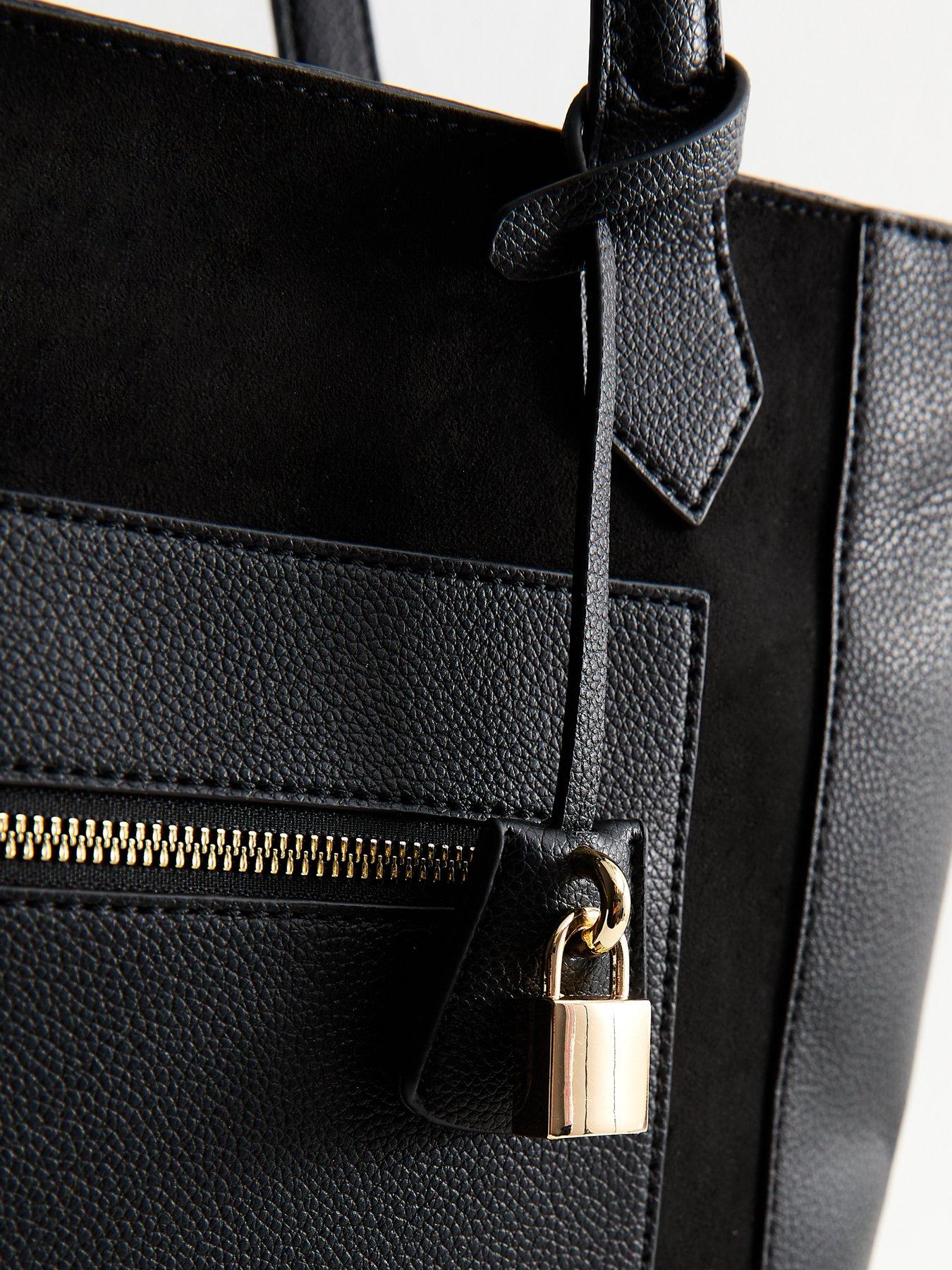 Image 4 of 5 of New Look Faux Leather And Suede Lock Charm Tote Bag - Black
