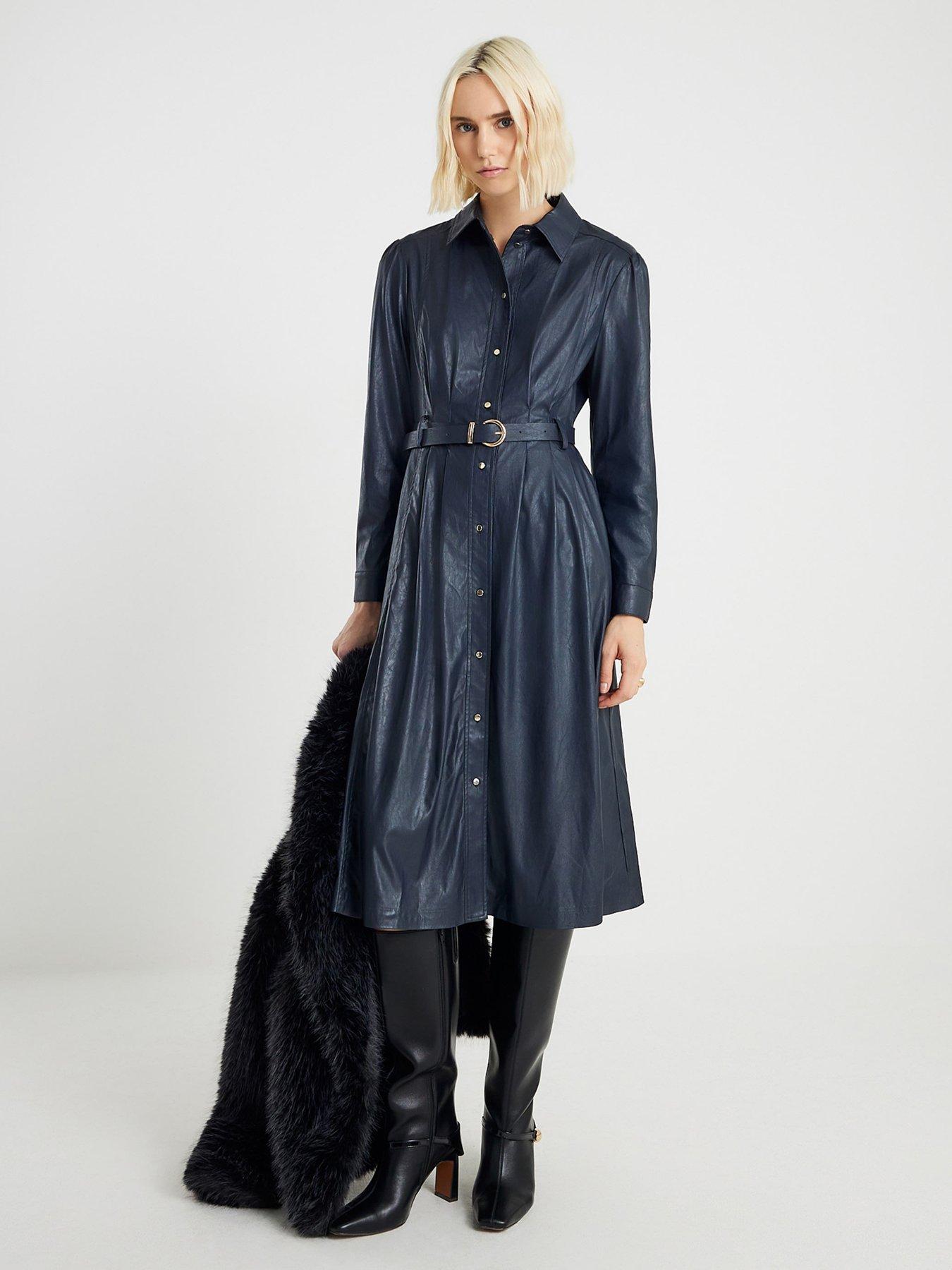  image of river-island-faux-leather-collared-midi-dress-navy