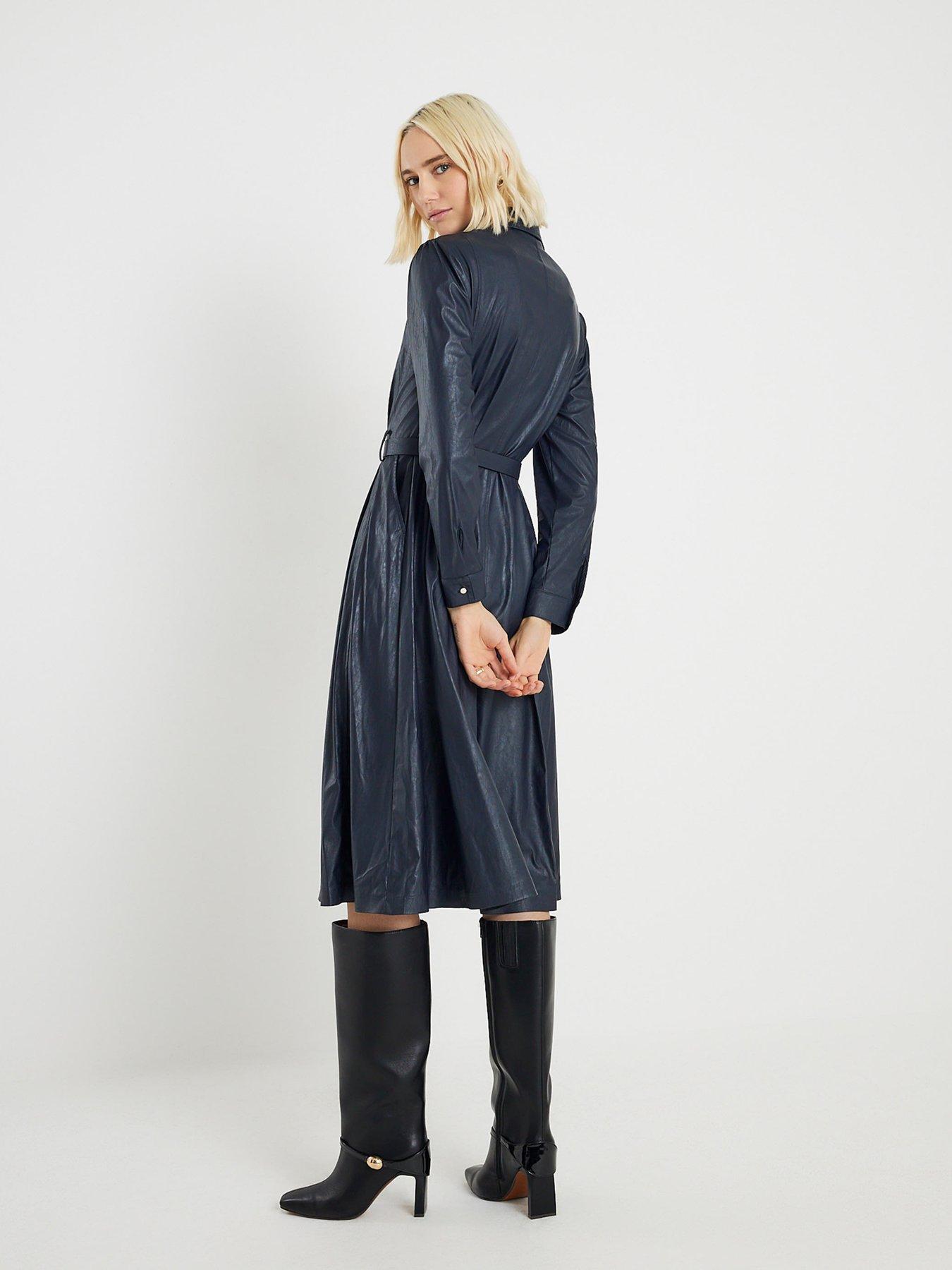  image of river-island-faux-leather-collared-midi-dress-navy