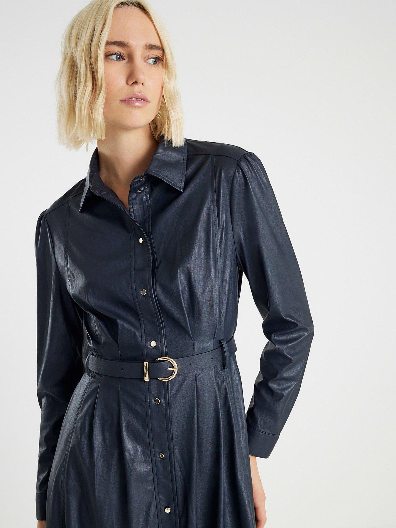  image of river-island-faux-leather-collared-midi-dress-navy