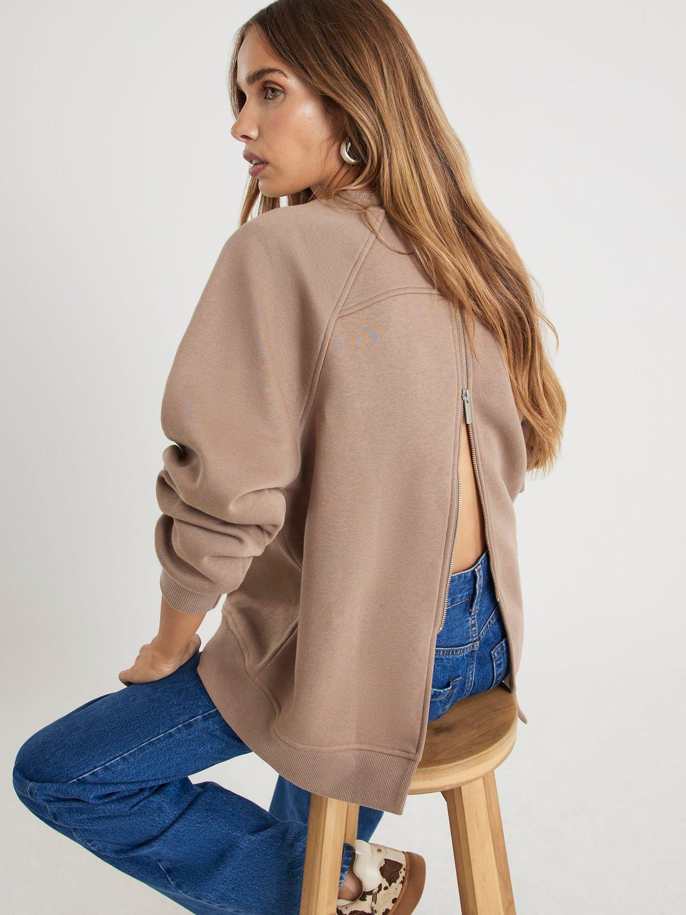  image of river-island-long-sleeve-zip-back-sweatshirt-beige