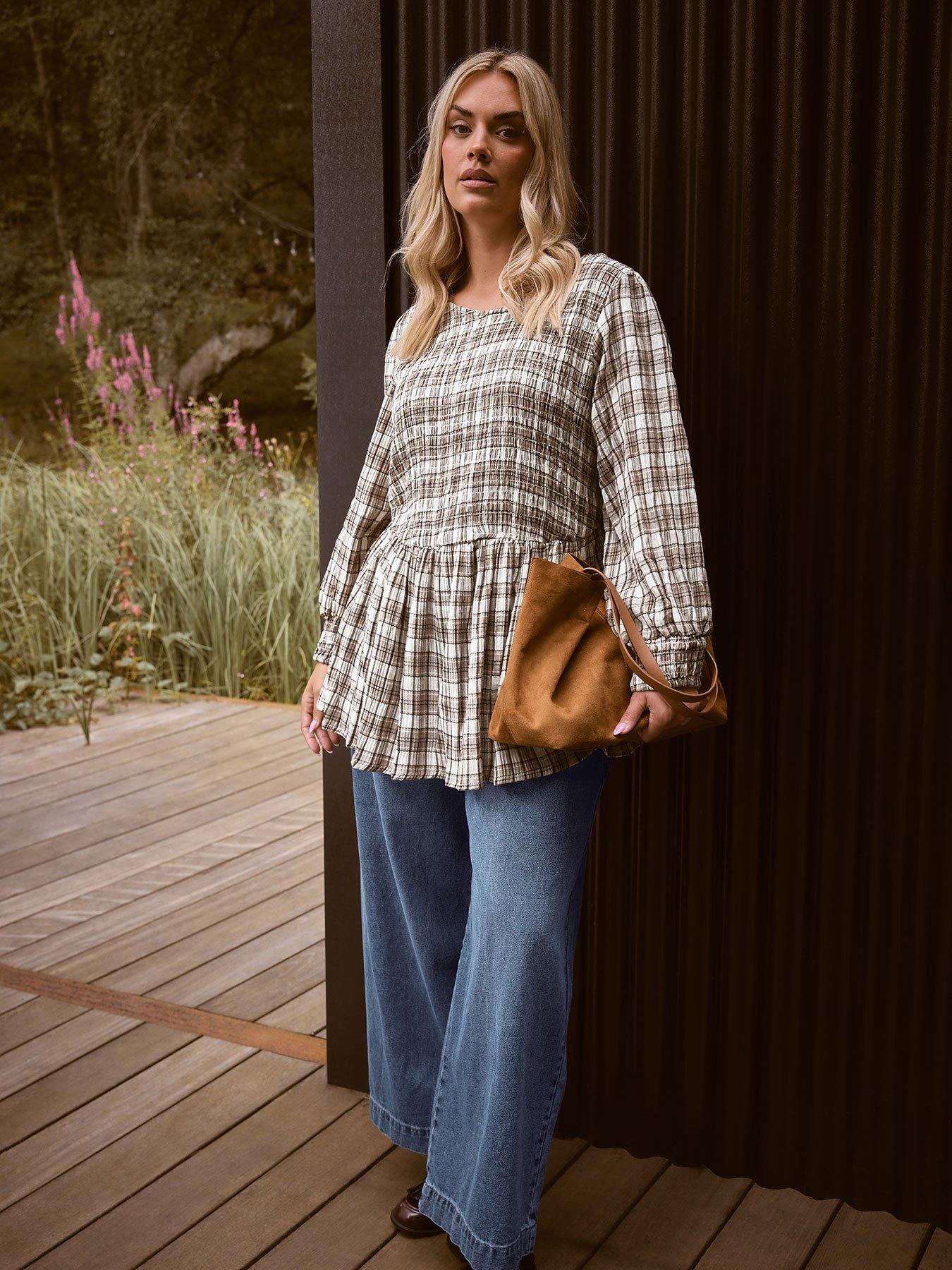 undefined Curve Shirred Textured Check Top - Natural