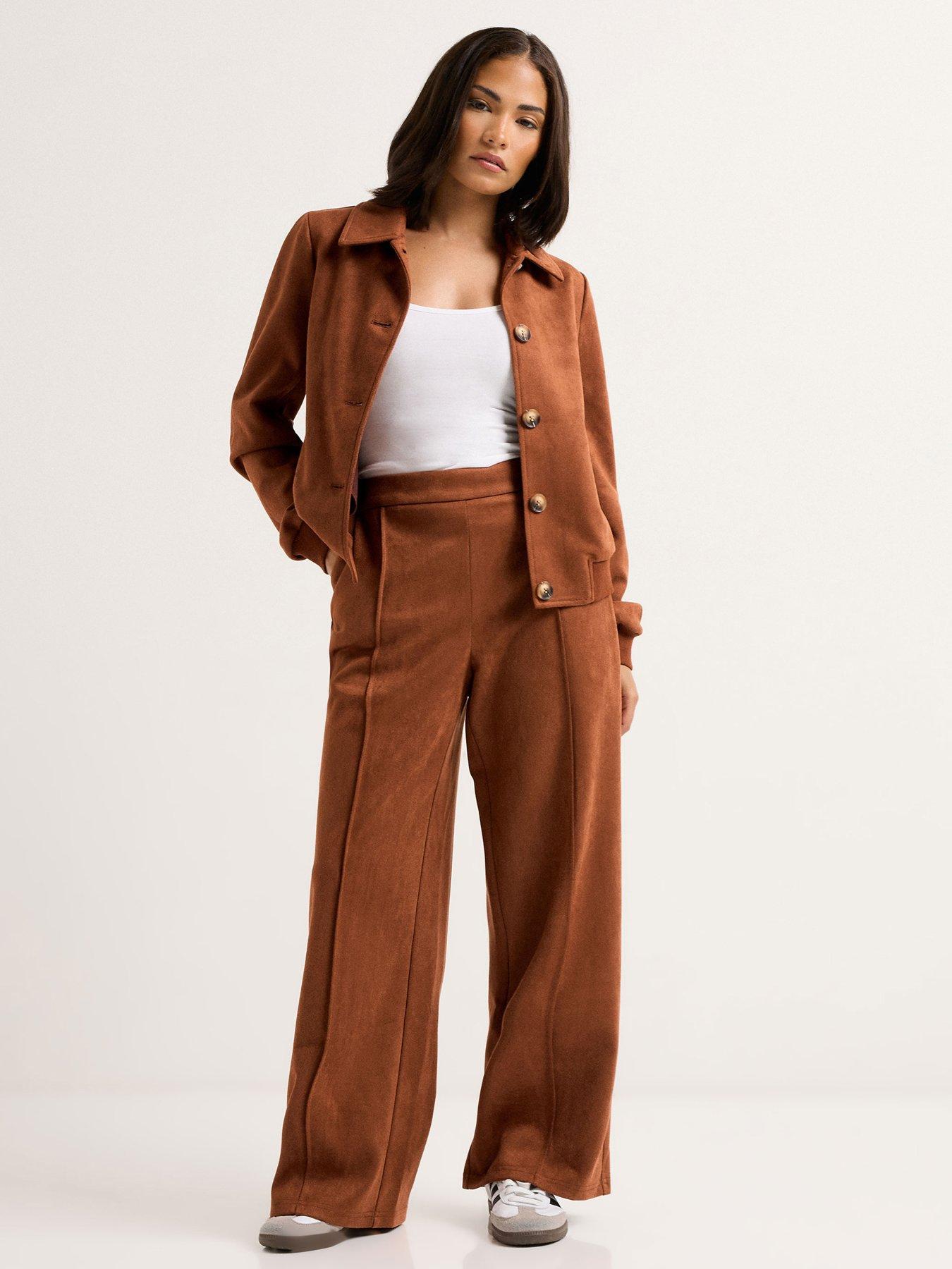 Image 1 of 4 of PixieGirl Petite Suedette Wide Leg Trouser - Brown