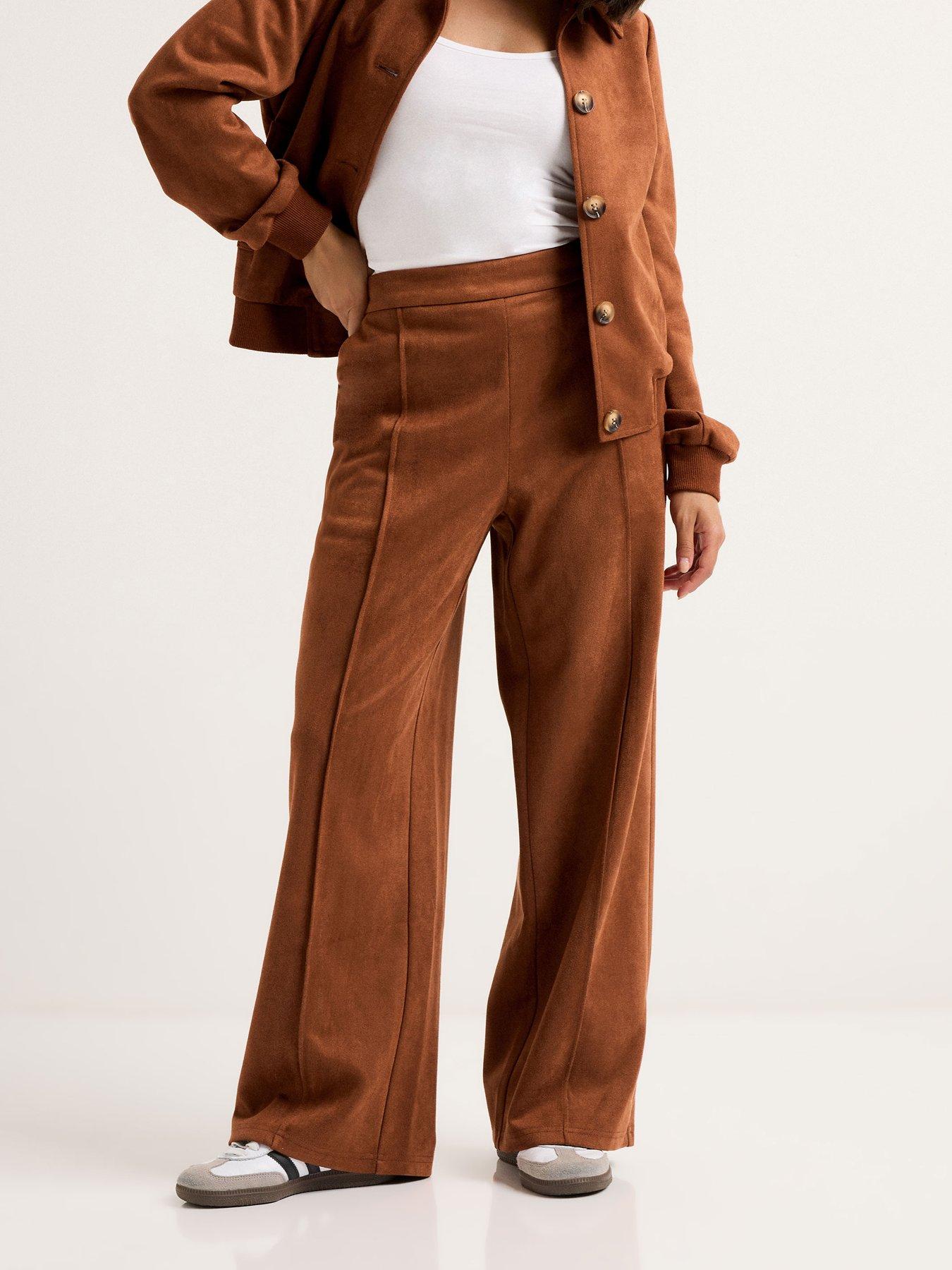Image 3 of 4 of PixieGirl Petite Suedette Wide Leg Trouser - Brown