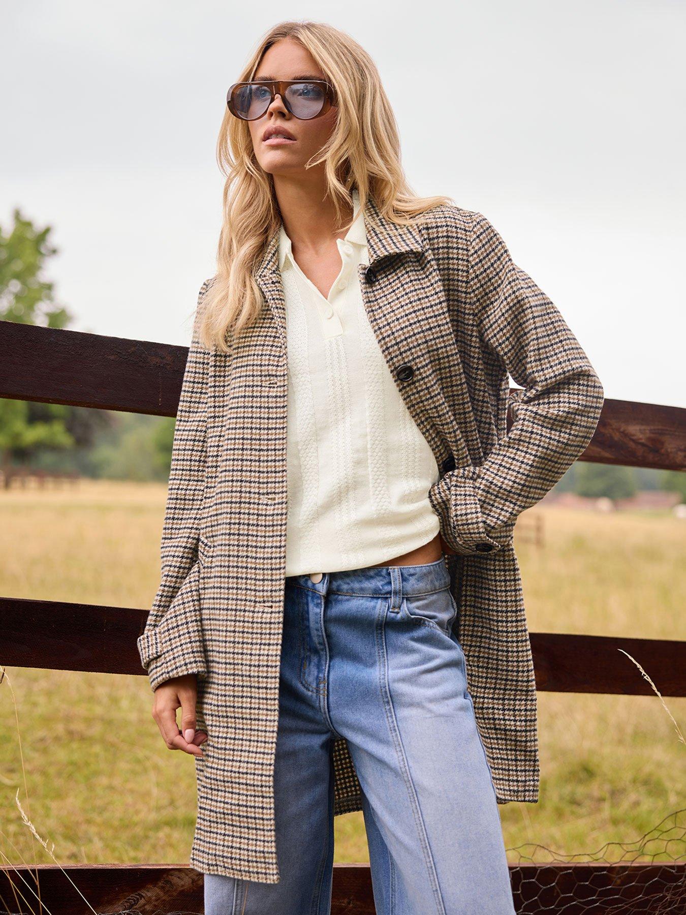 PixieGirl Petite Check Midi Coat - Brown | Littlewoods