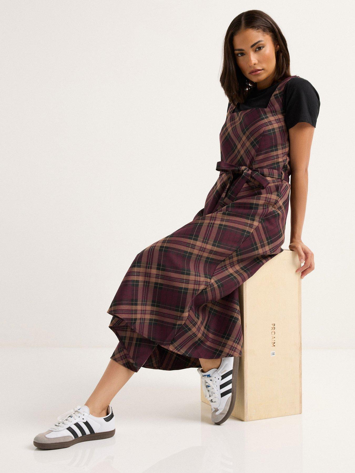 Image 3 of 4 of Yours Petite Check Belt Pinafore Dress - Red