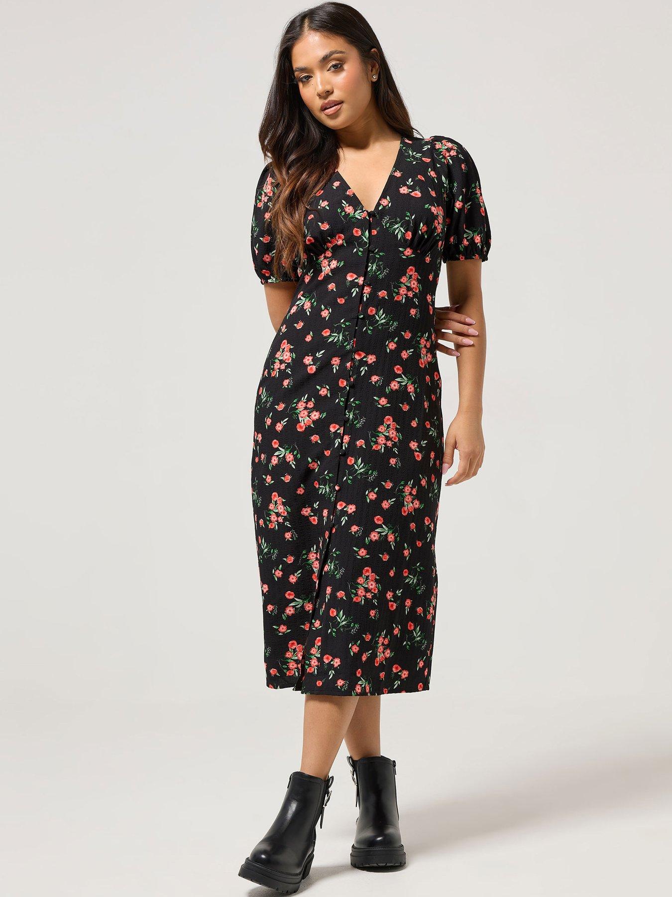  image of pixiegirl-petite-button-front-midi-tea-dress-black