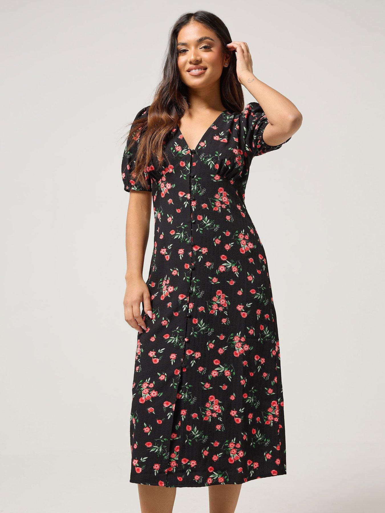  image of pixiegirl-petite-button-front-midi-tea-dress-black