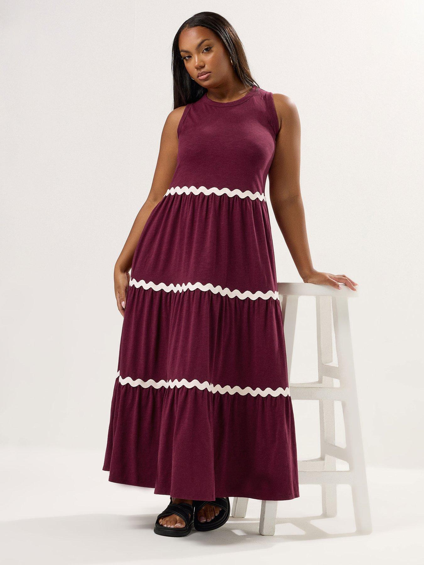 Image 1 of 4 of Yours Curve Contrast Trim Tiered Dress - Red