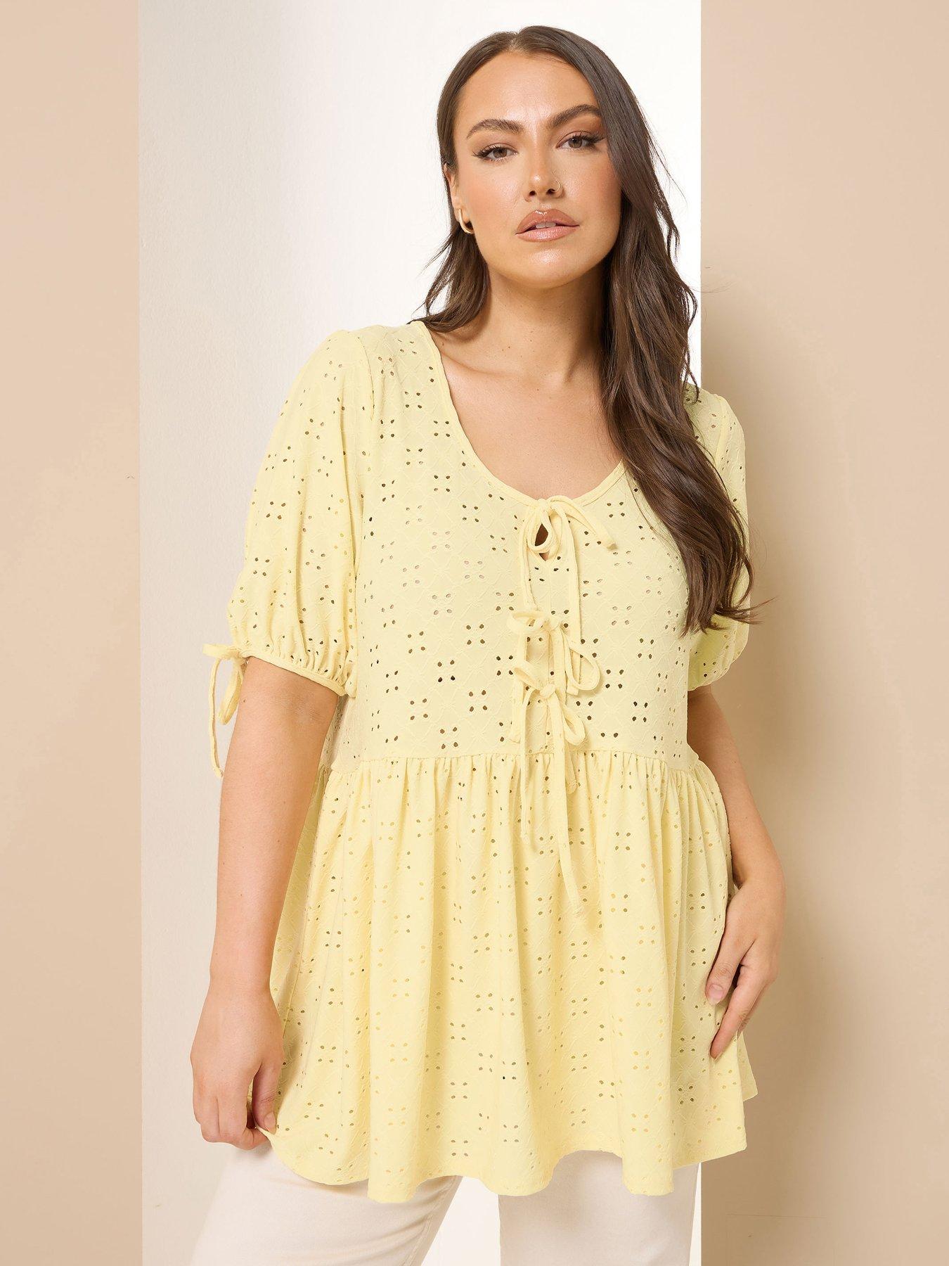undefined Curve Broderie Tie Front Peplum Top - Yellow