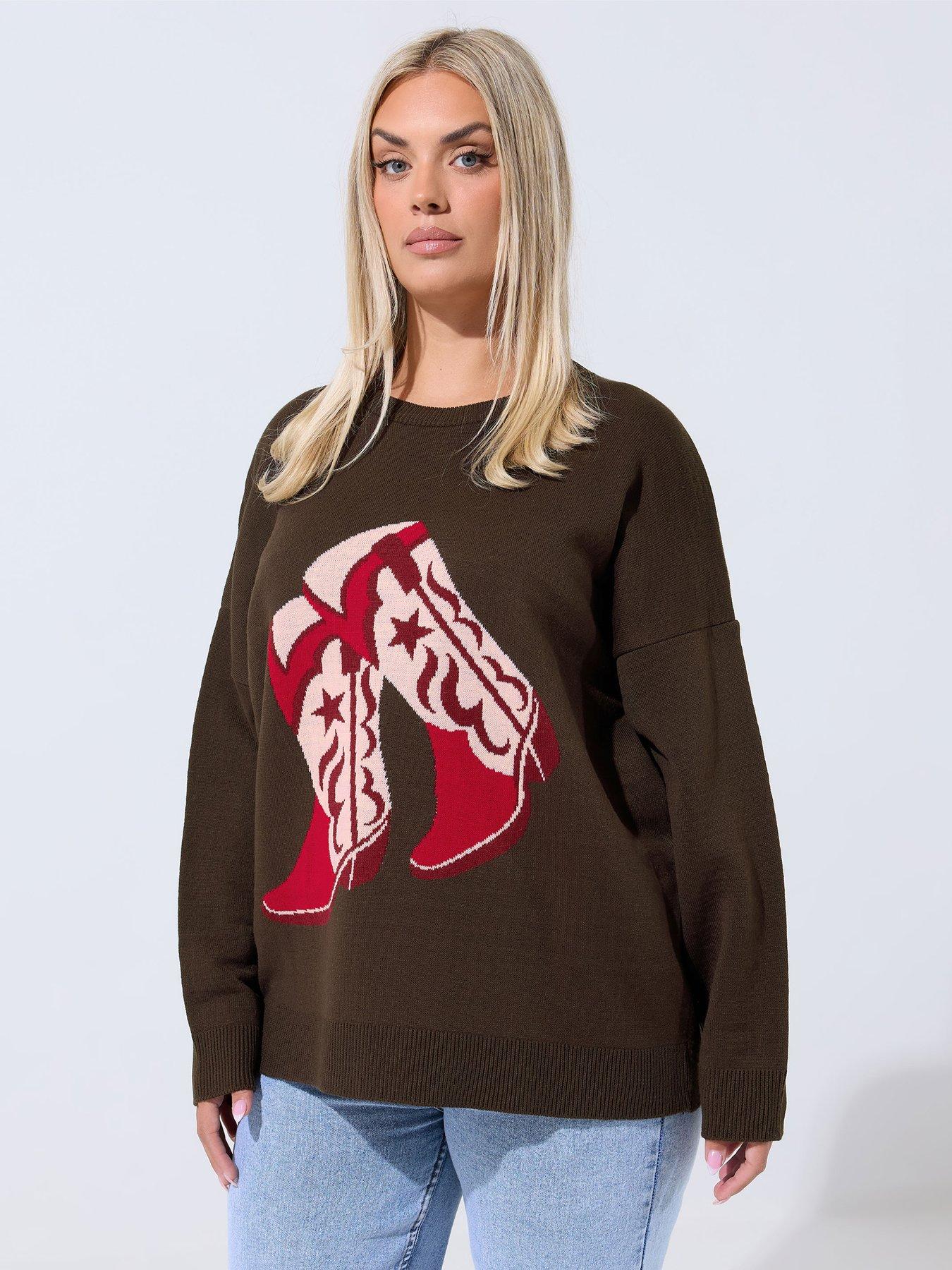 Image 1 of 4 of Yours Curve Cowboy Boot Jumper - Brown