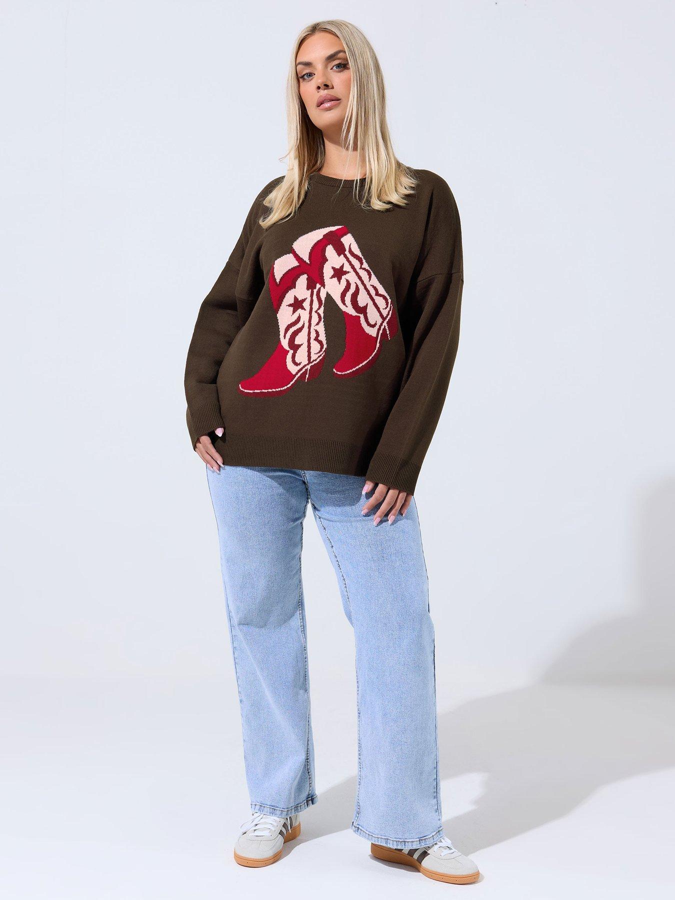 Image 3 of 4 of Yours Curve Cowboy Boot Jumper - Brown