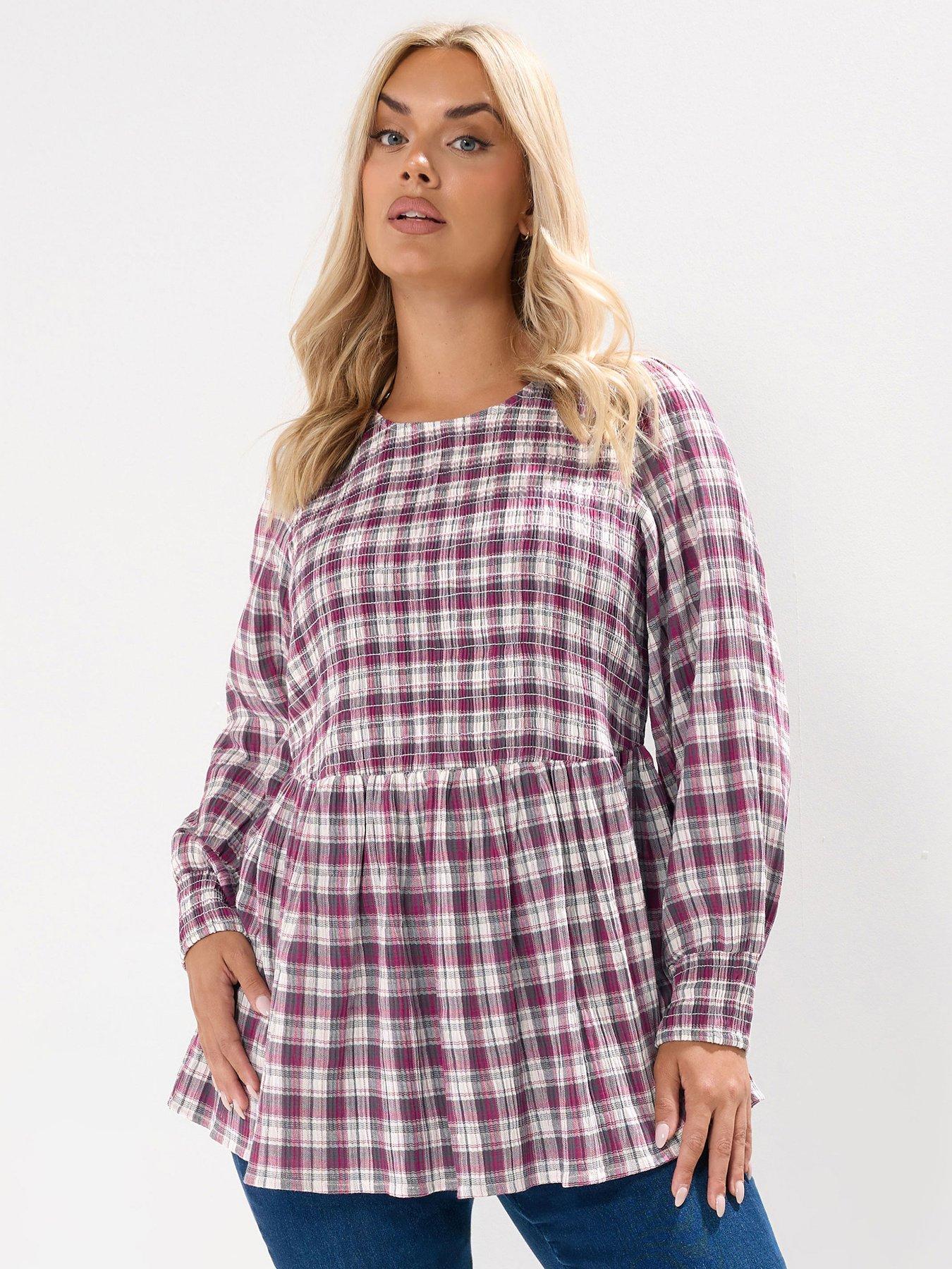 Yours Curve Shirred Textured Check Top - Pink | Littlewoods