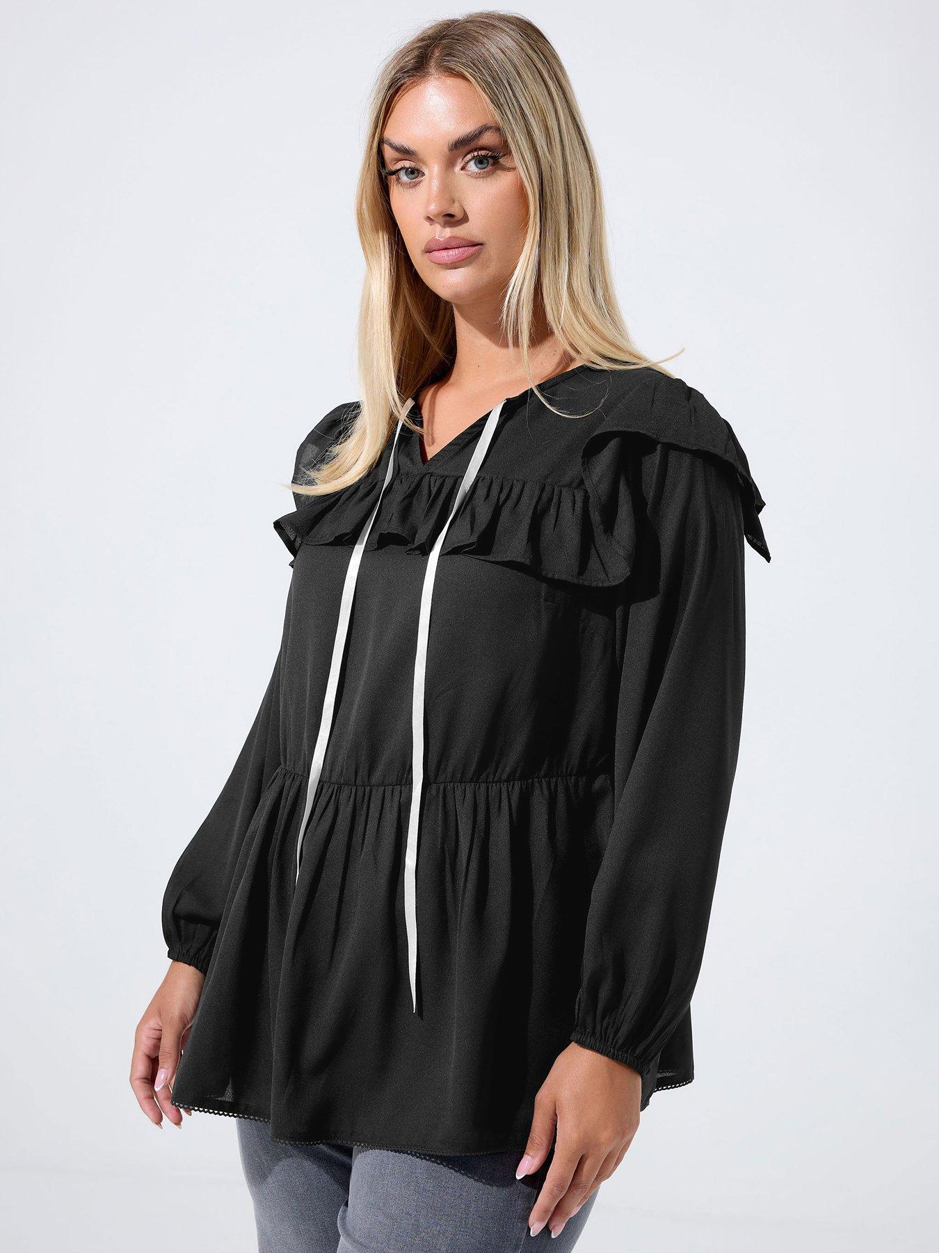 Image 1 of 5 of Yours Curve Frill Neck Contrast Blouse - Black