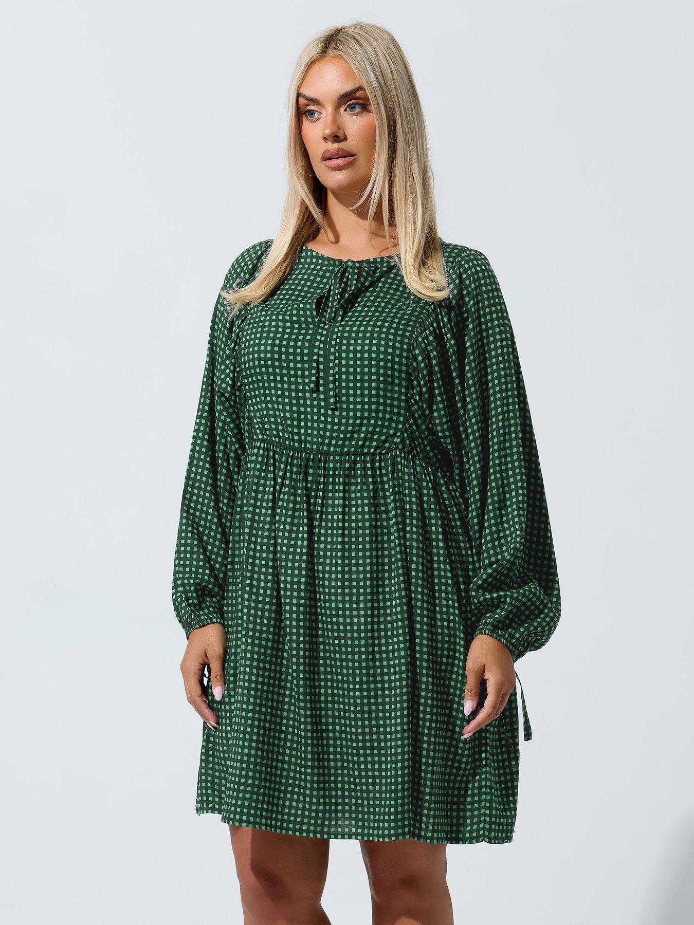 Image 1 of 4 of Yours Curve Tie Front Check Mini Dress - Green