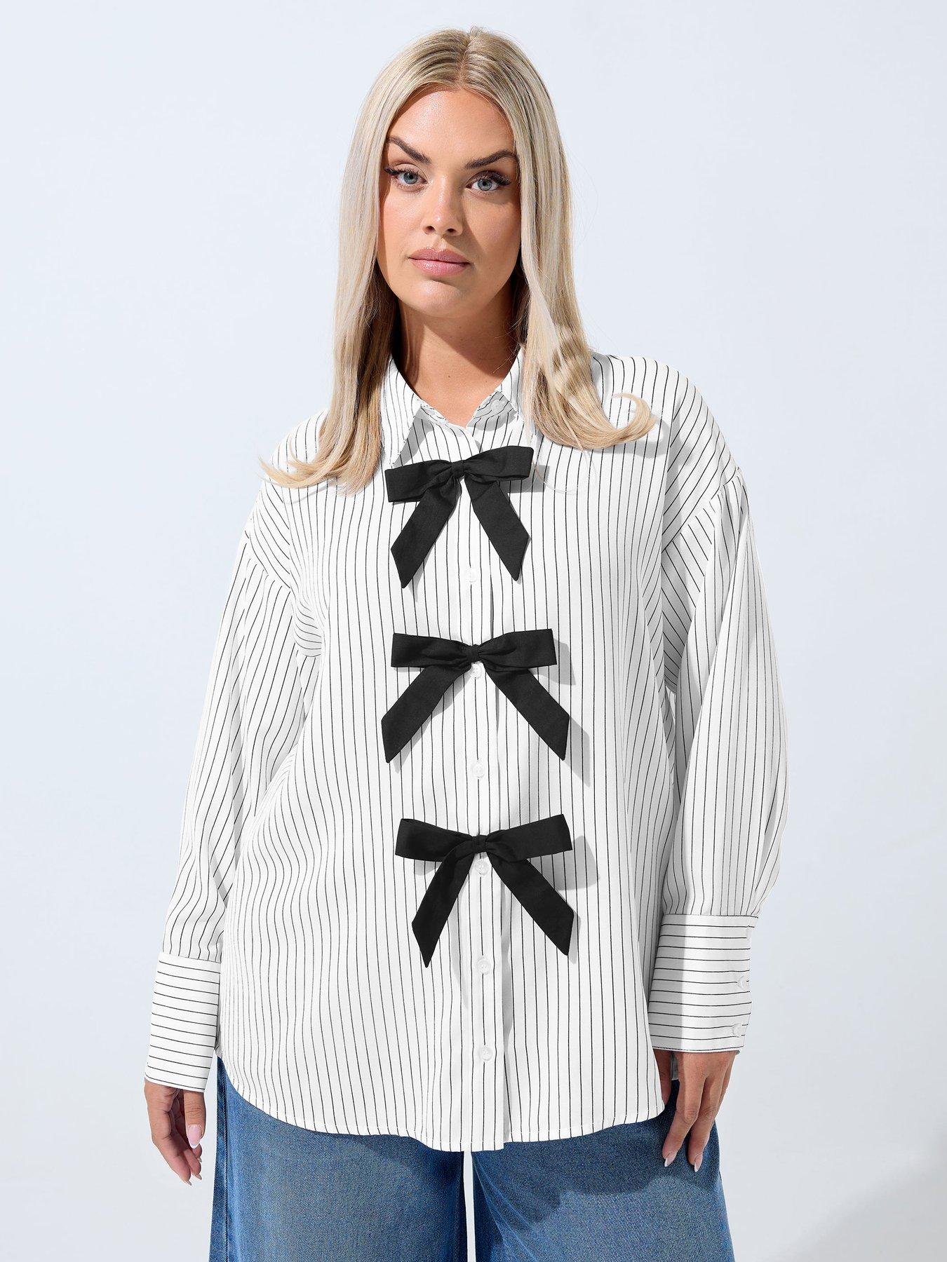 Image 1 of 5 of Yours Curve Stripe Bow Shirt - White