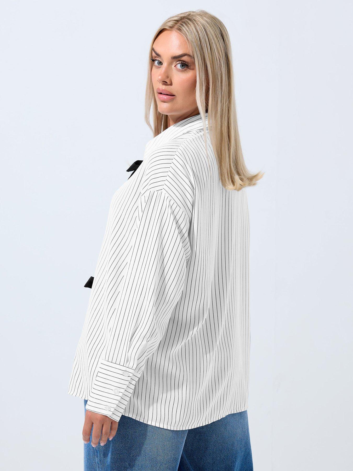 Image 2 of 5 of Yours Curve Stripe Bow Shirt - White