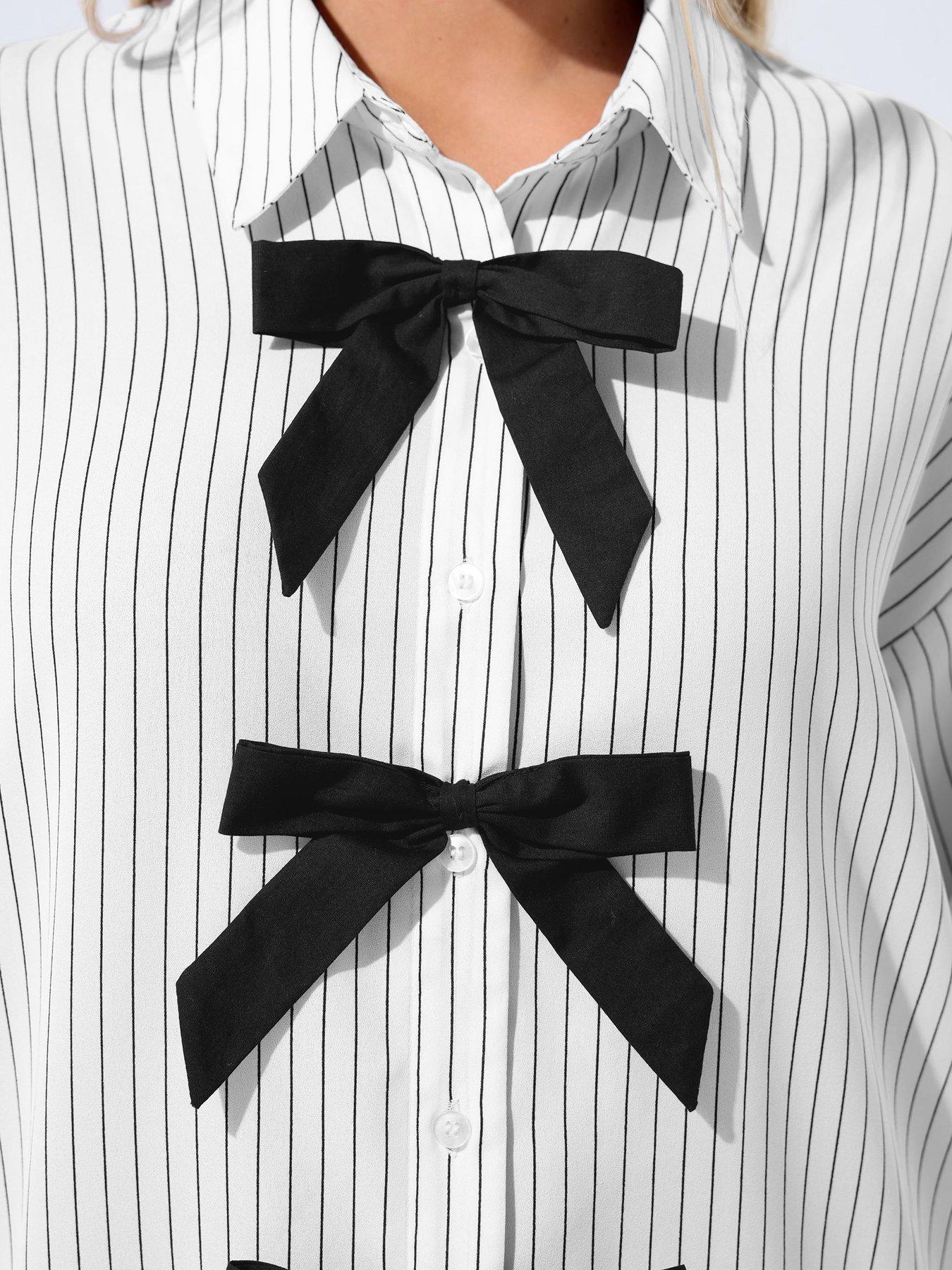 Image 4 of 5 of Yours Curve Stripe Bow Shirt - White