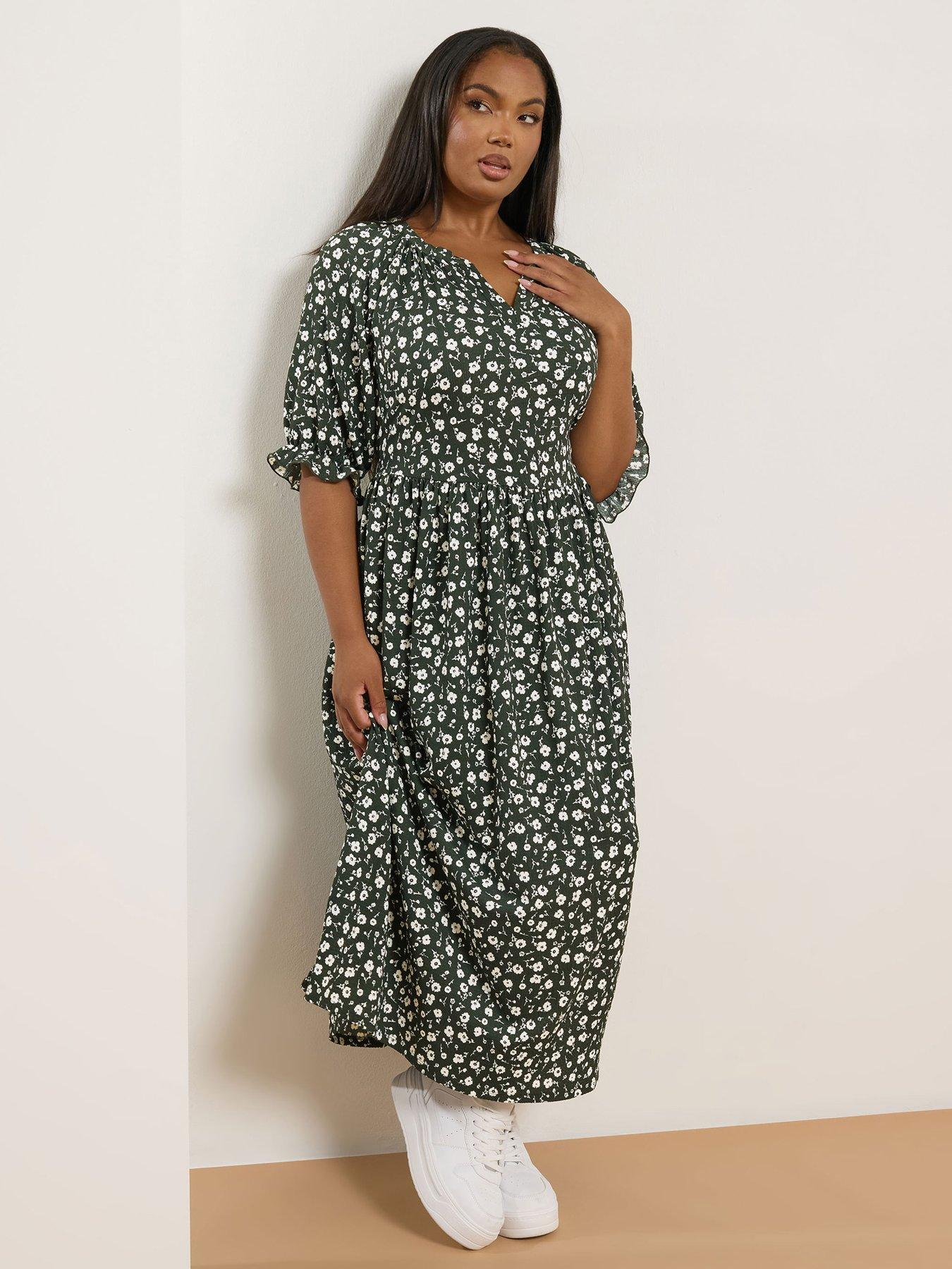 Image 3 of 4 of Yours Curve Notch Neck Tiered Dress - Khaki