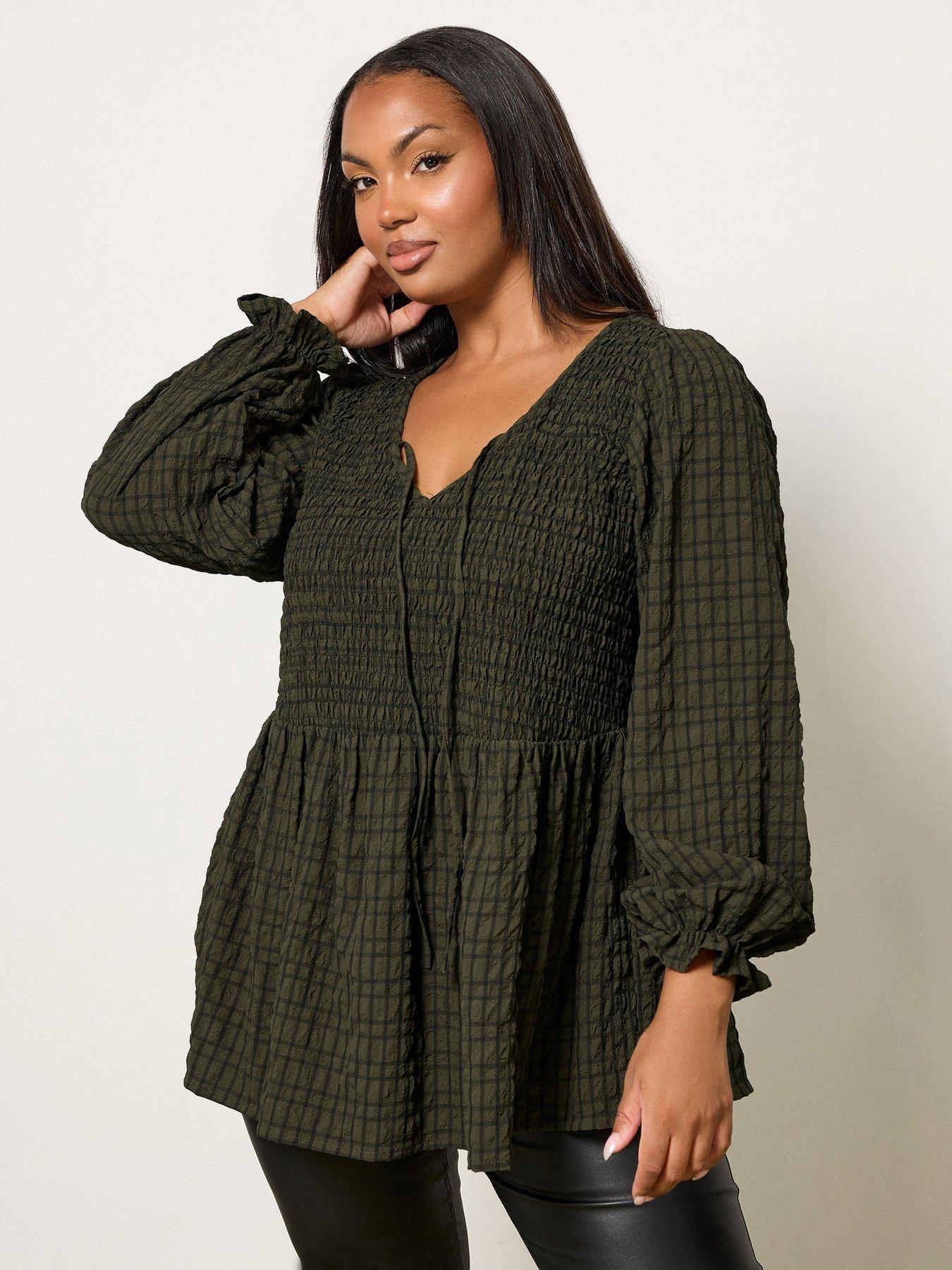 Image 1 of 5 of Yours Curve Textured Check Peplum Top - Green