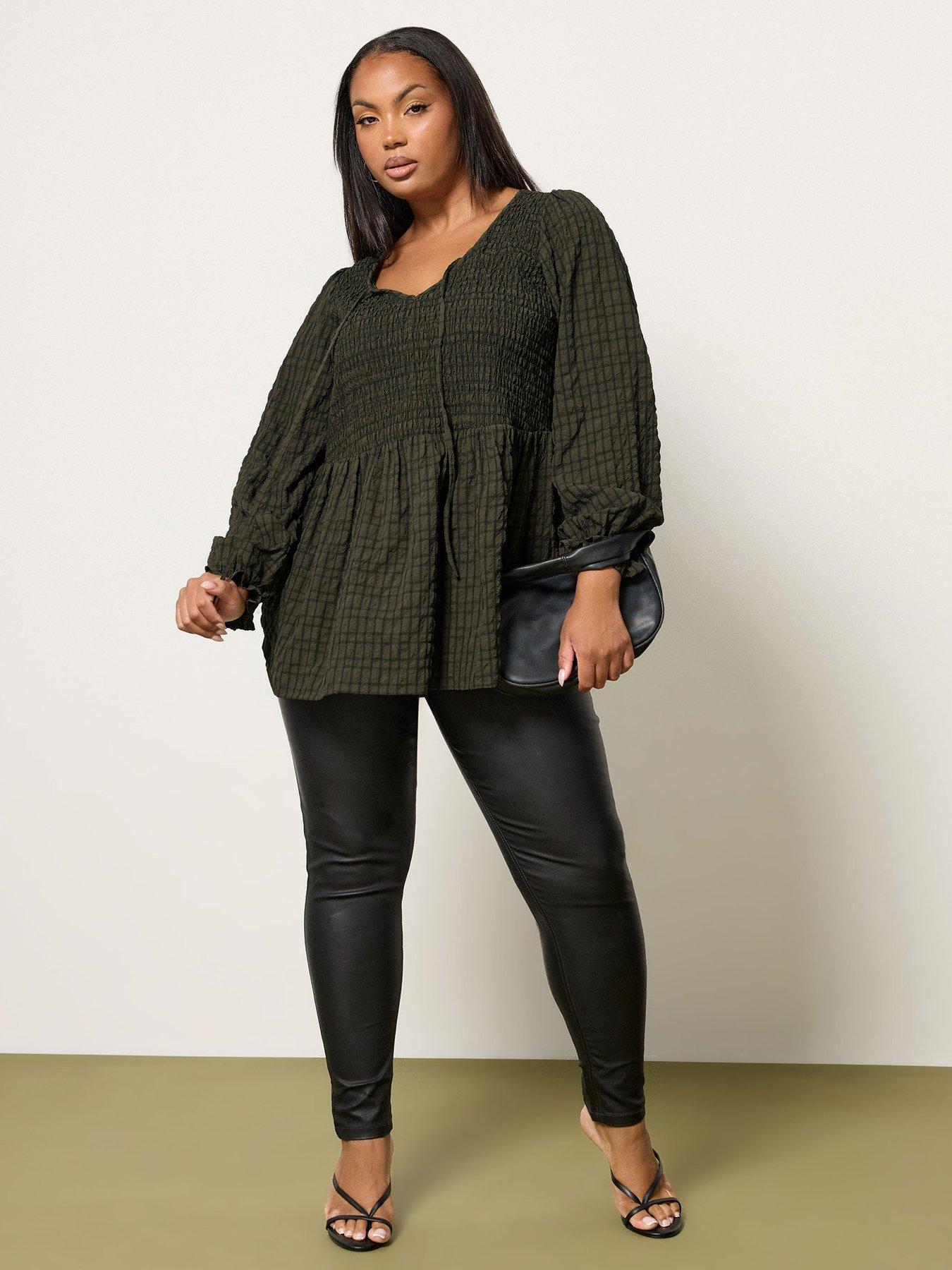 Image 3 of 5 of Yours Curve Textured Check Peplum Top - Green