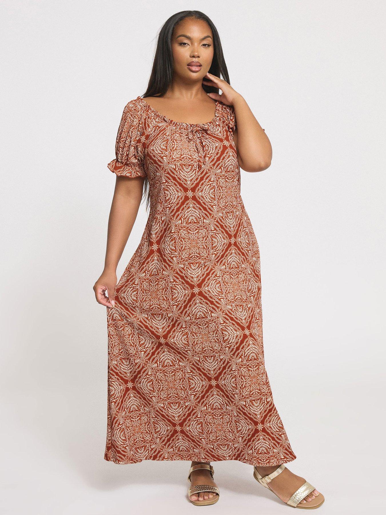 yours-curve-textured-milkmaid-dress-brown