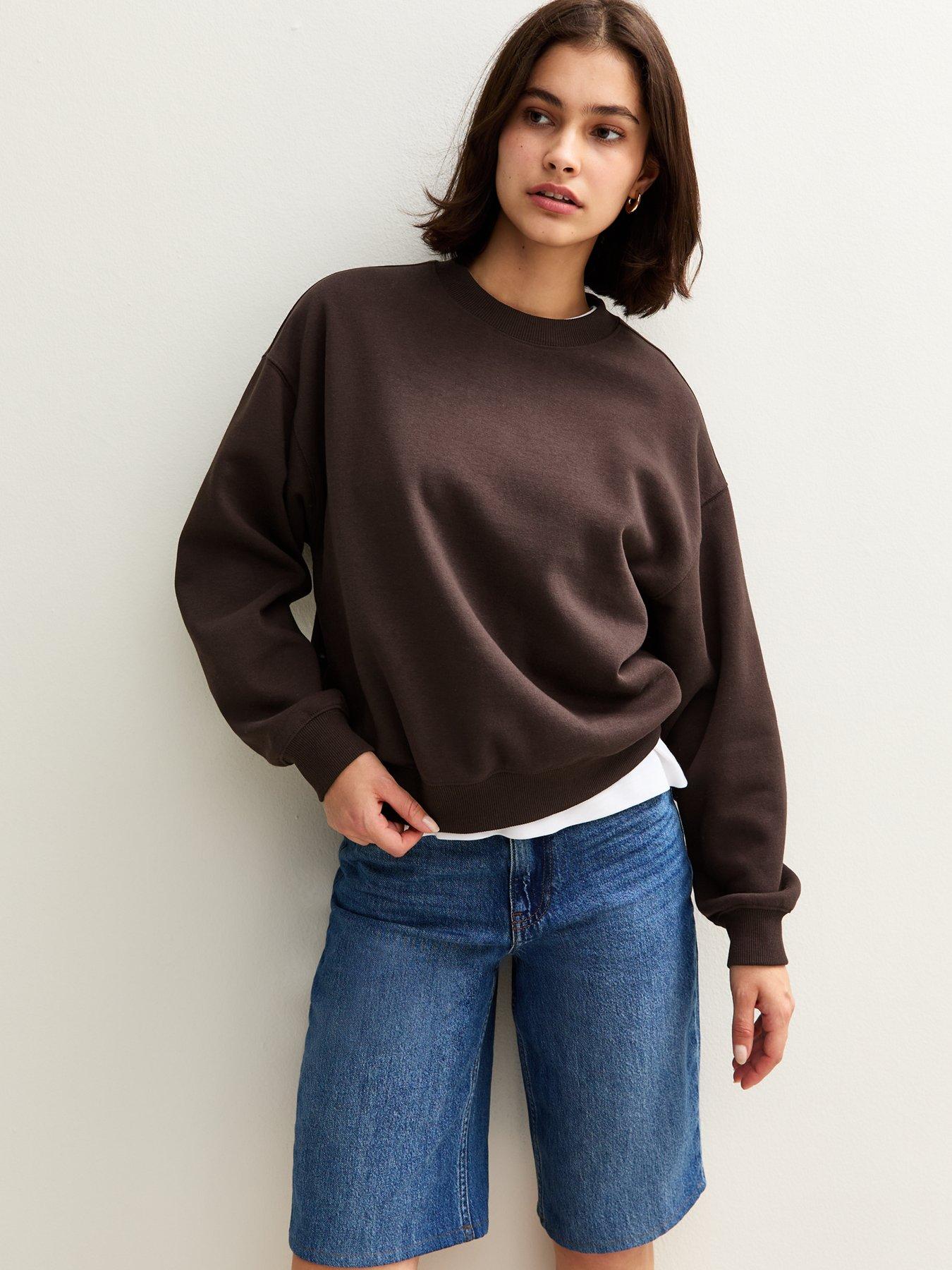 Image 1 of 4 of New Look Crew Neck Short Sweatshirt - Dark Brown