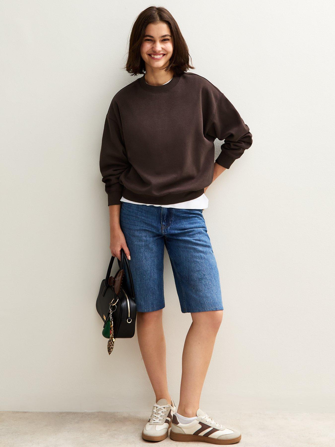 Image 3 of 4 of New Look Crew Neck Short Sweatshirt - Dark Brown