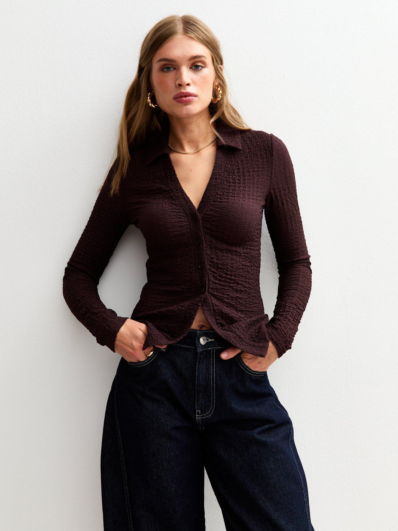 undefined Textured Jersey Collared Long Sleeve Top - Brown