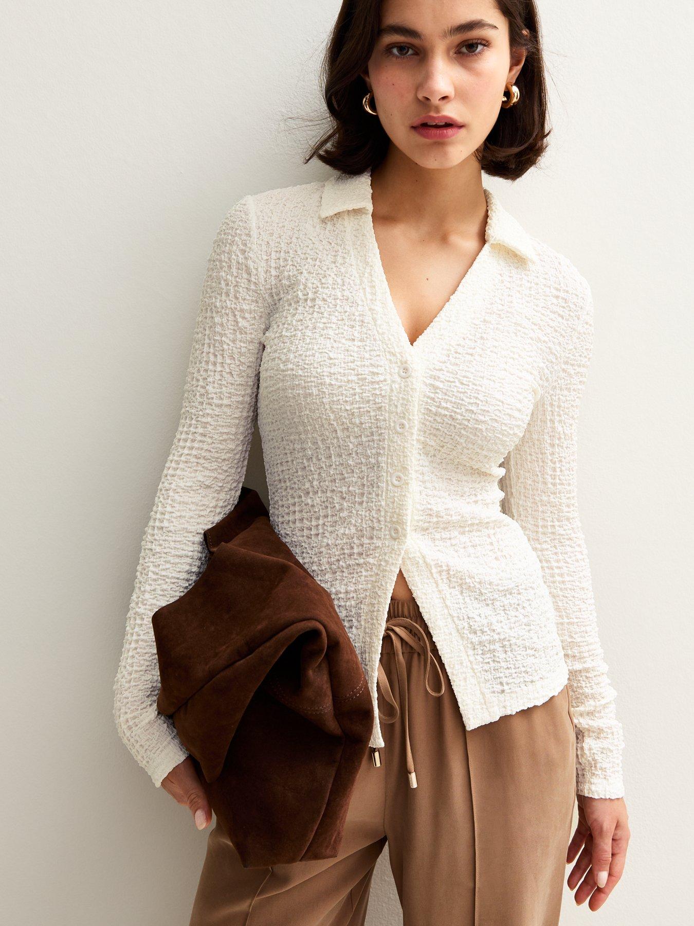 undefined Textured Jersey Collared Long Sleeve Top - Cream