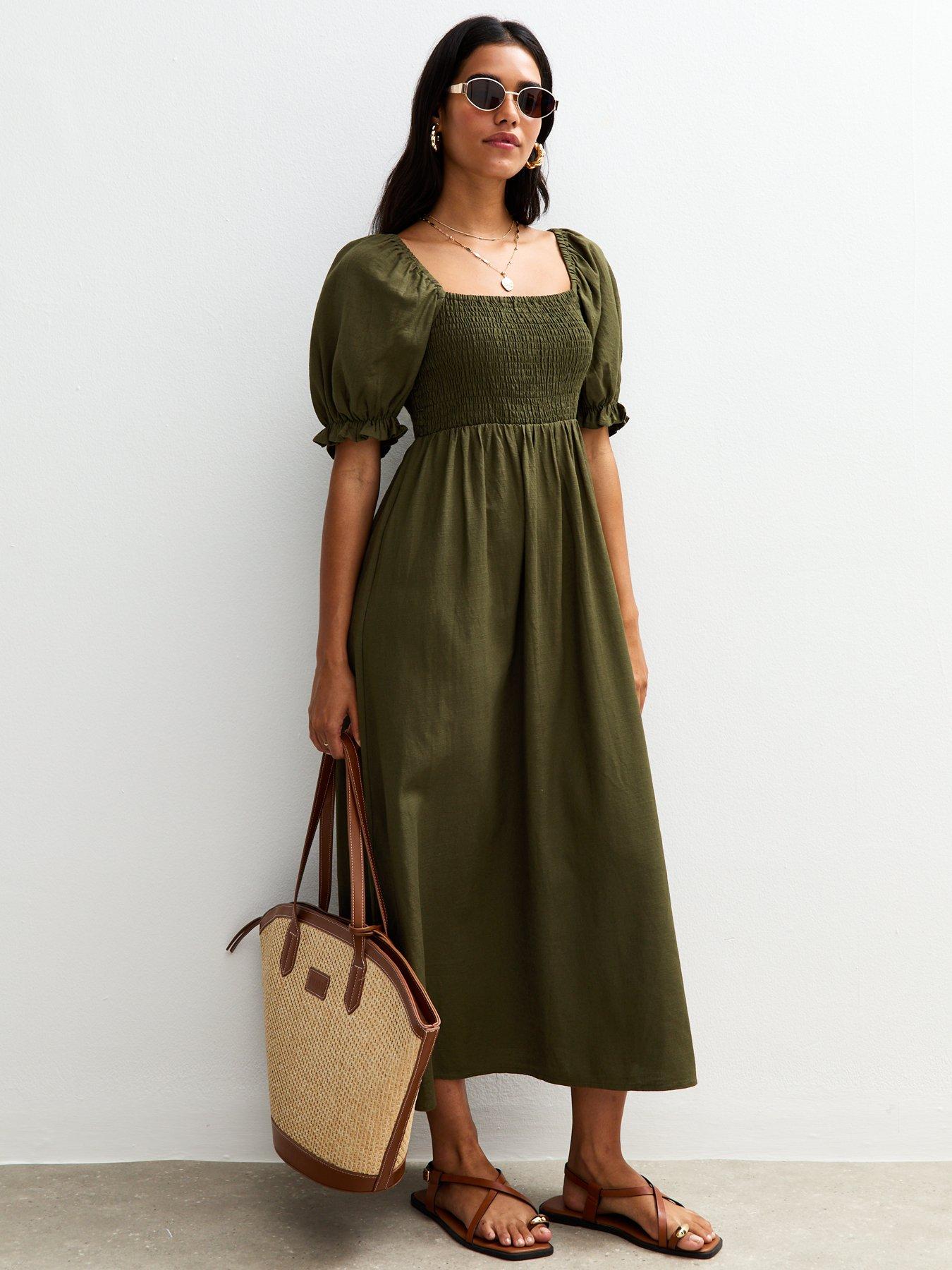 front image of new-look-puff-sleeve-midi-dress-green