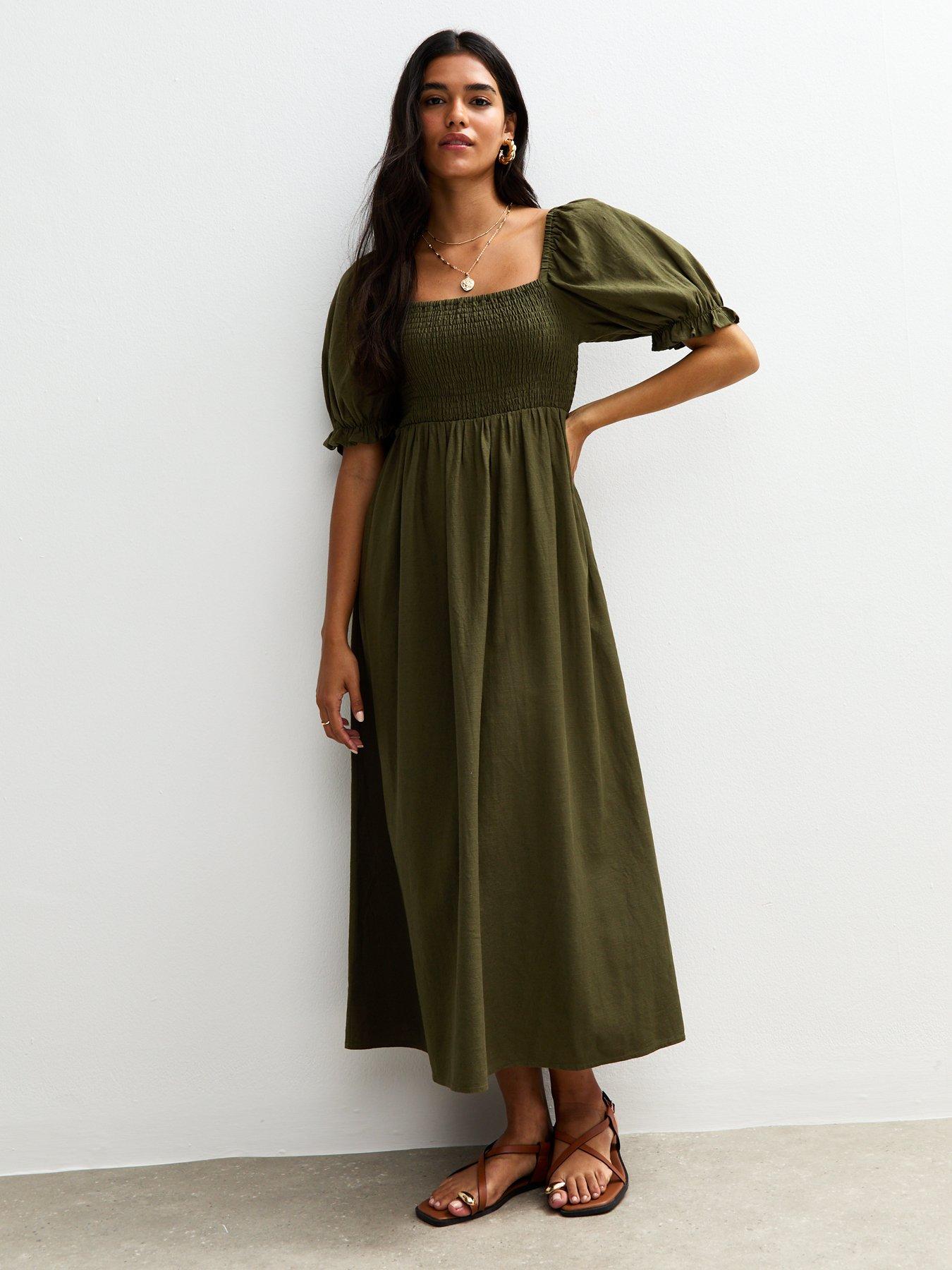  image of new-look-puff-sleeve-midi-dress-green