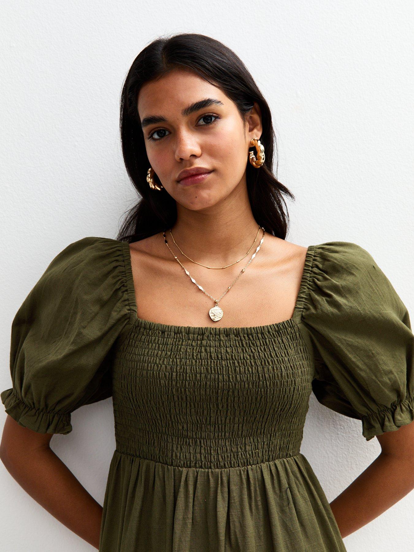  image of new-look-puff-sleeve-midi-dress-green