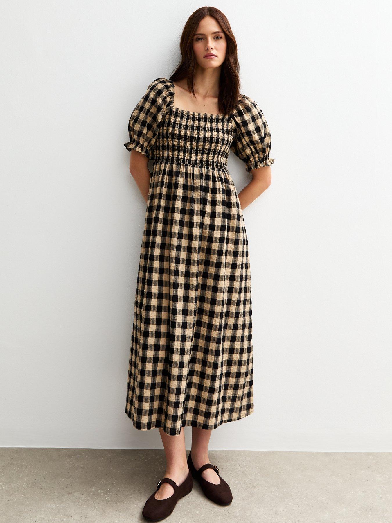 undefined Brown Checked Puff Sleeve Seersucker Midi Dress