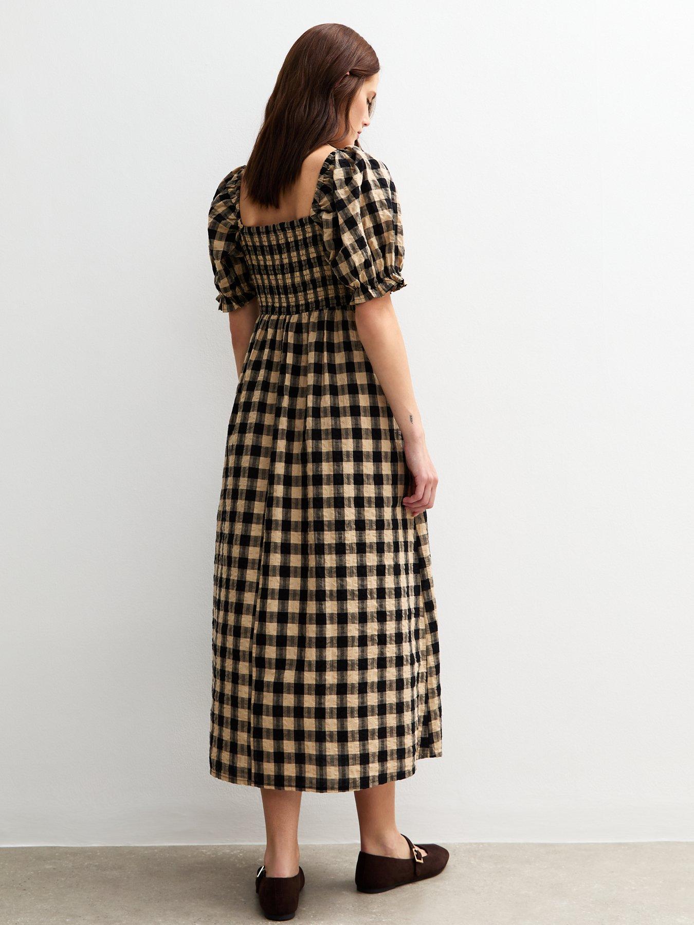 stillFront image of new-look-checked-puff-sleeve-seersucker-midi-dress-brown