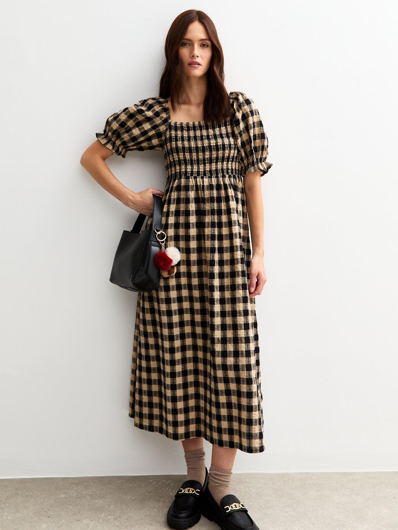  image of new-look-checked-puff-sleeve-seersucker-midi-dress-brown