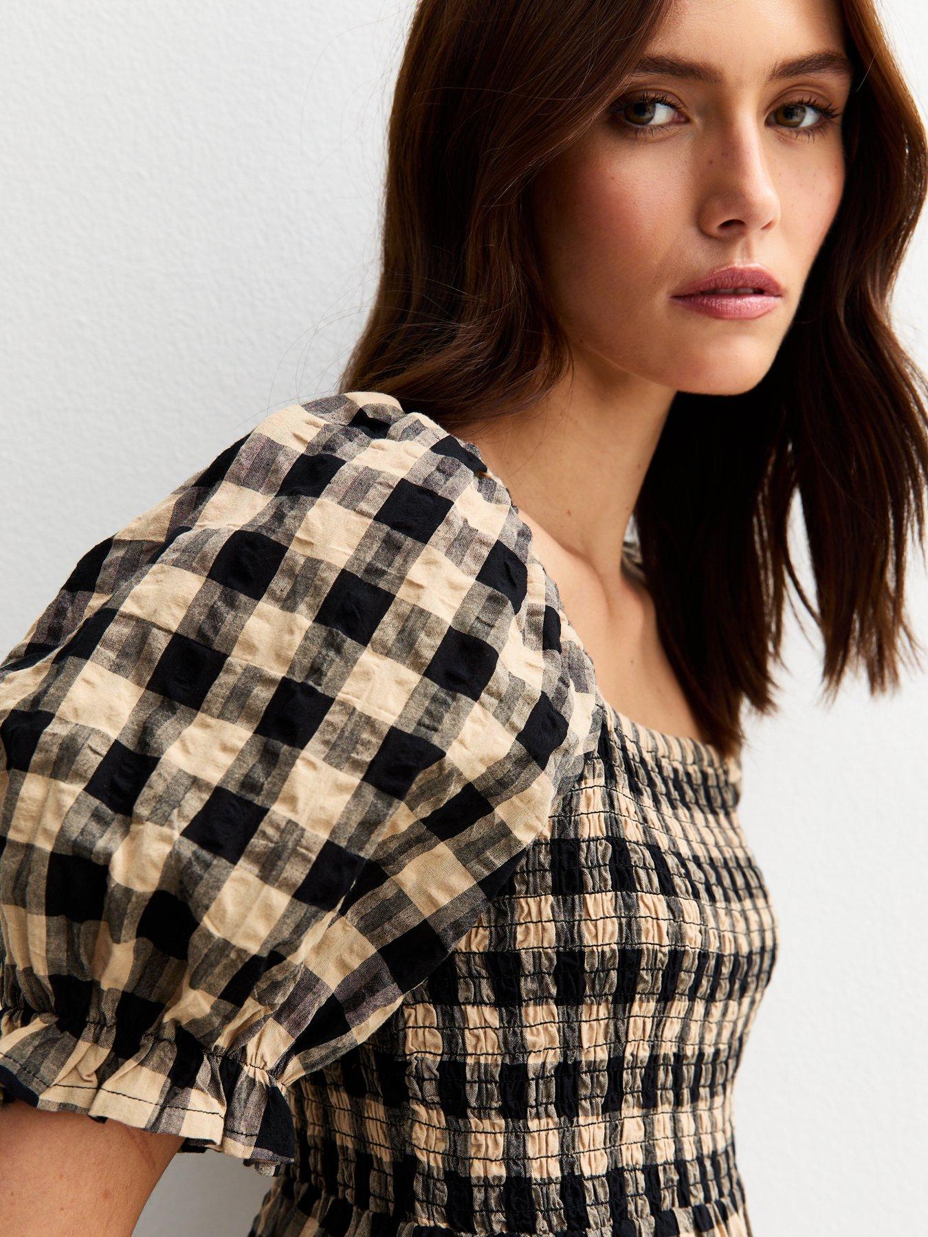  image of new-look-checked-puff-sleeve-seersucker-midi-dress-brown