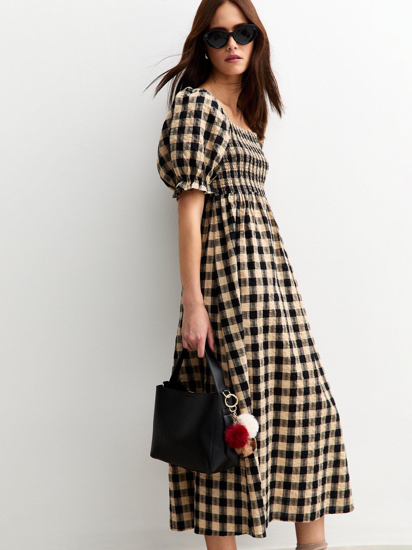  image of new-look-checked-puff-sleeve-seersucker-midi-dress-brown
