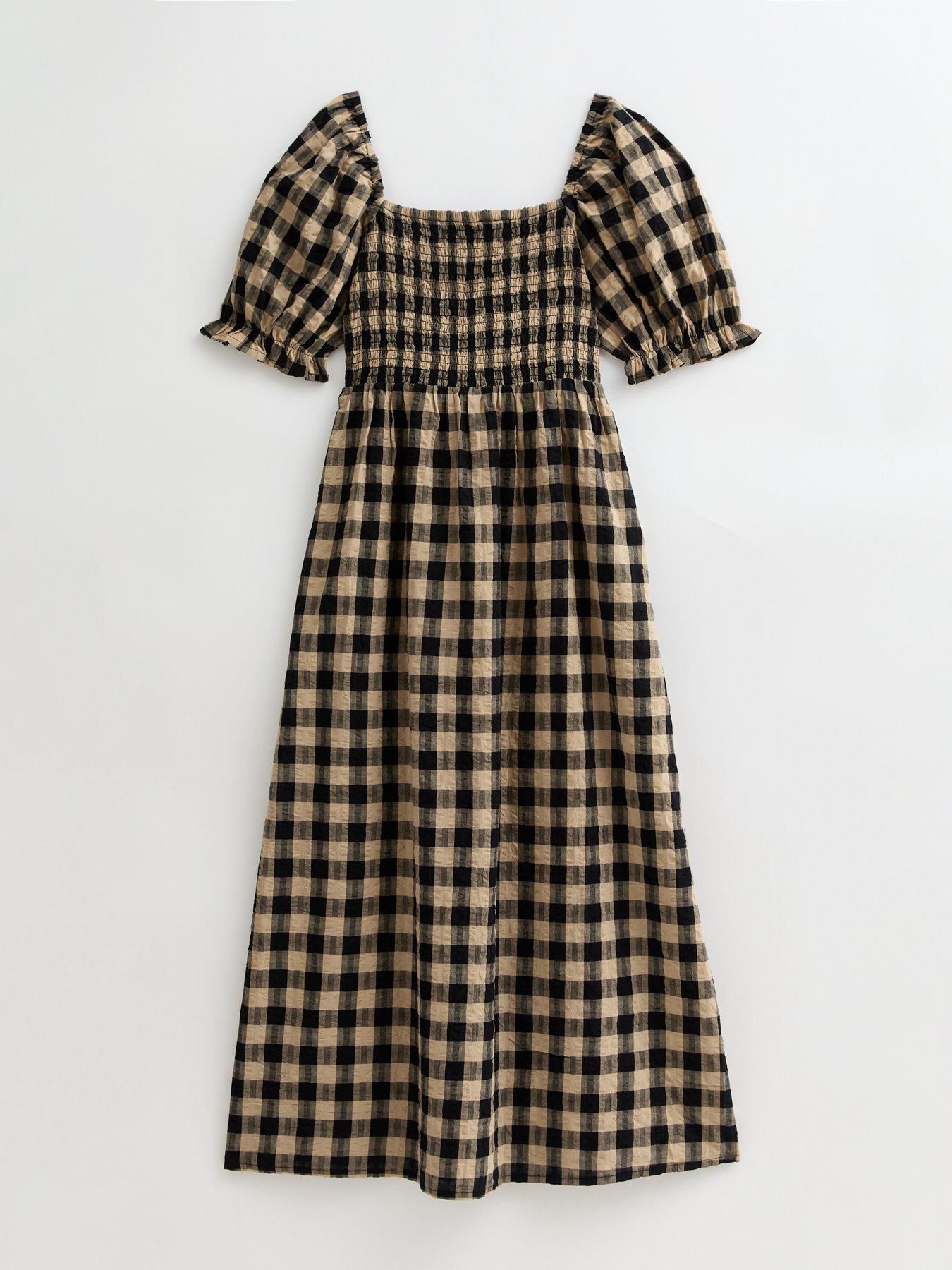 image of new-look-checked-puff-sleeve-seersucker-midi-dress-brown