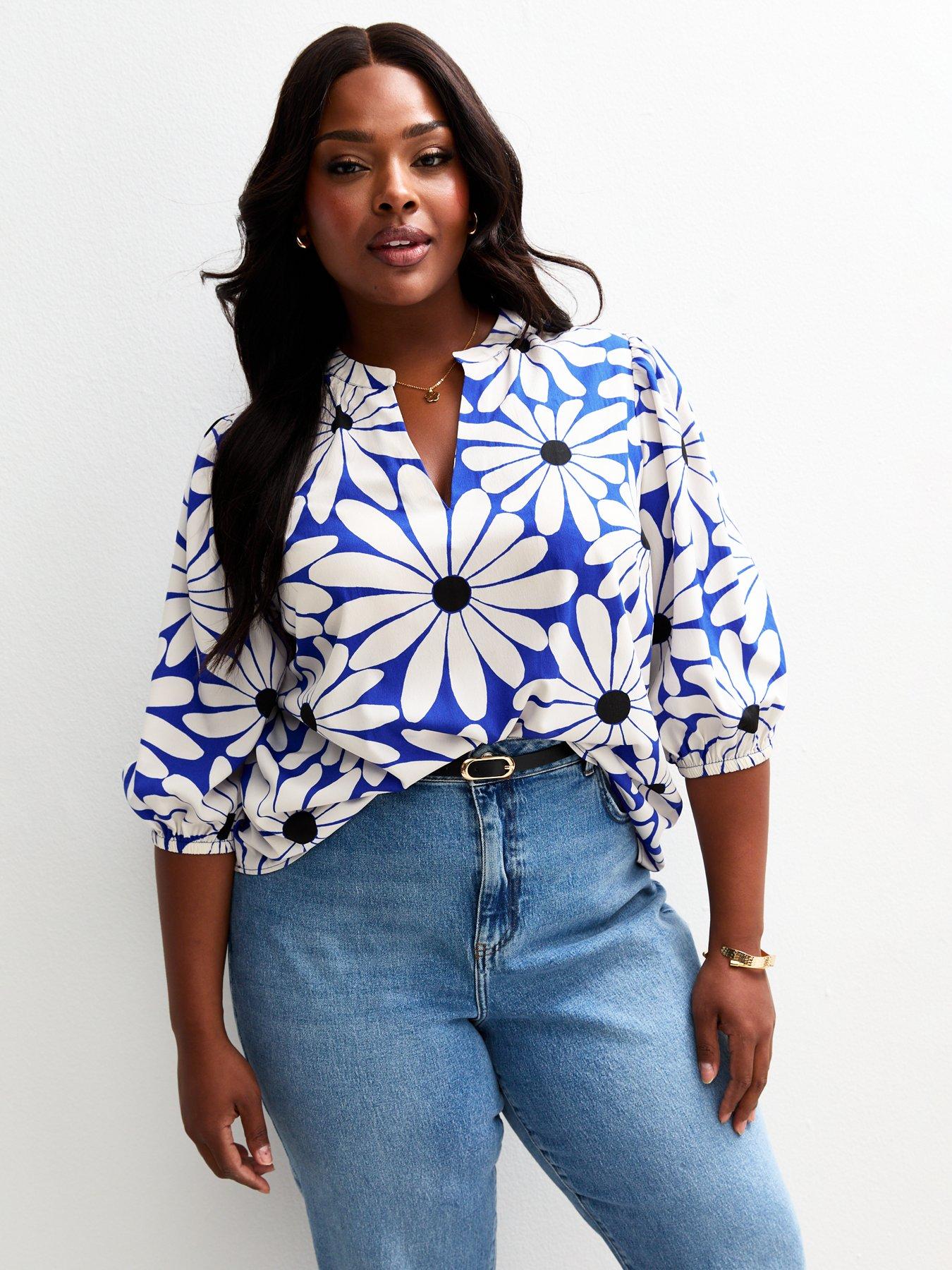 Image 1 of 6 of New Look Curves Blue Floral Print Top