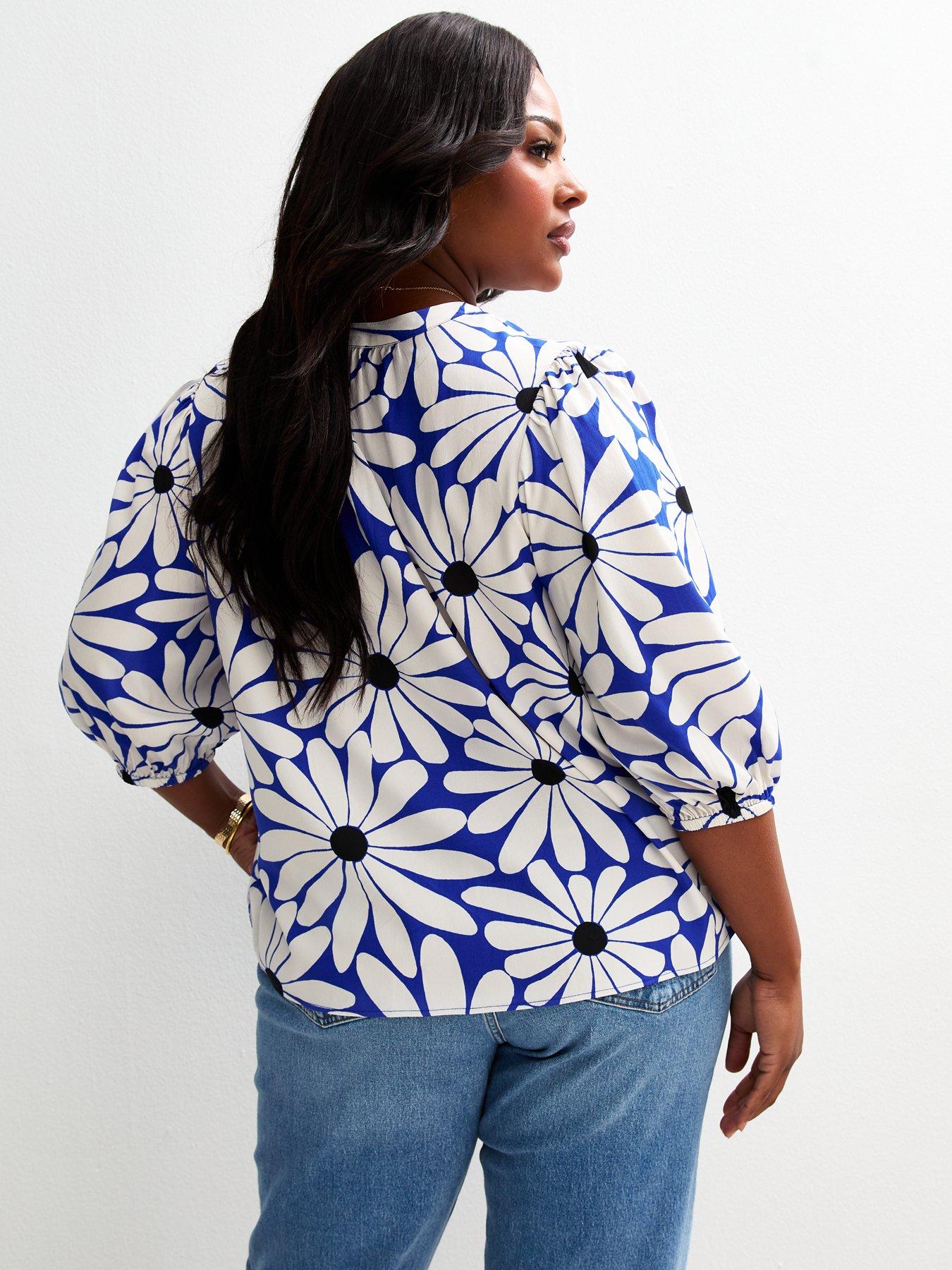 Image 2 of 6 of New Look Curves Blue Floral Print Top